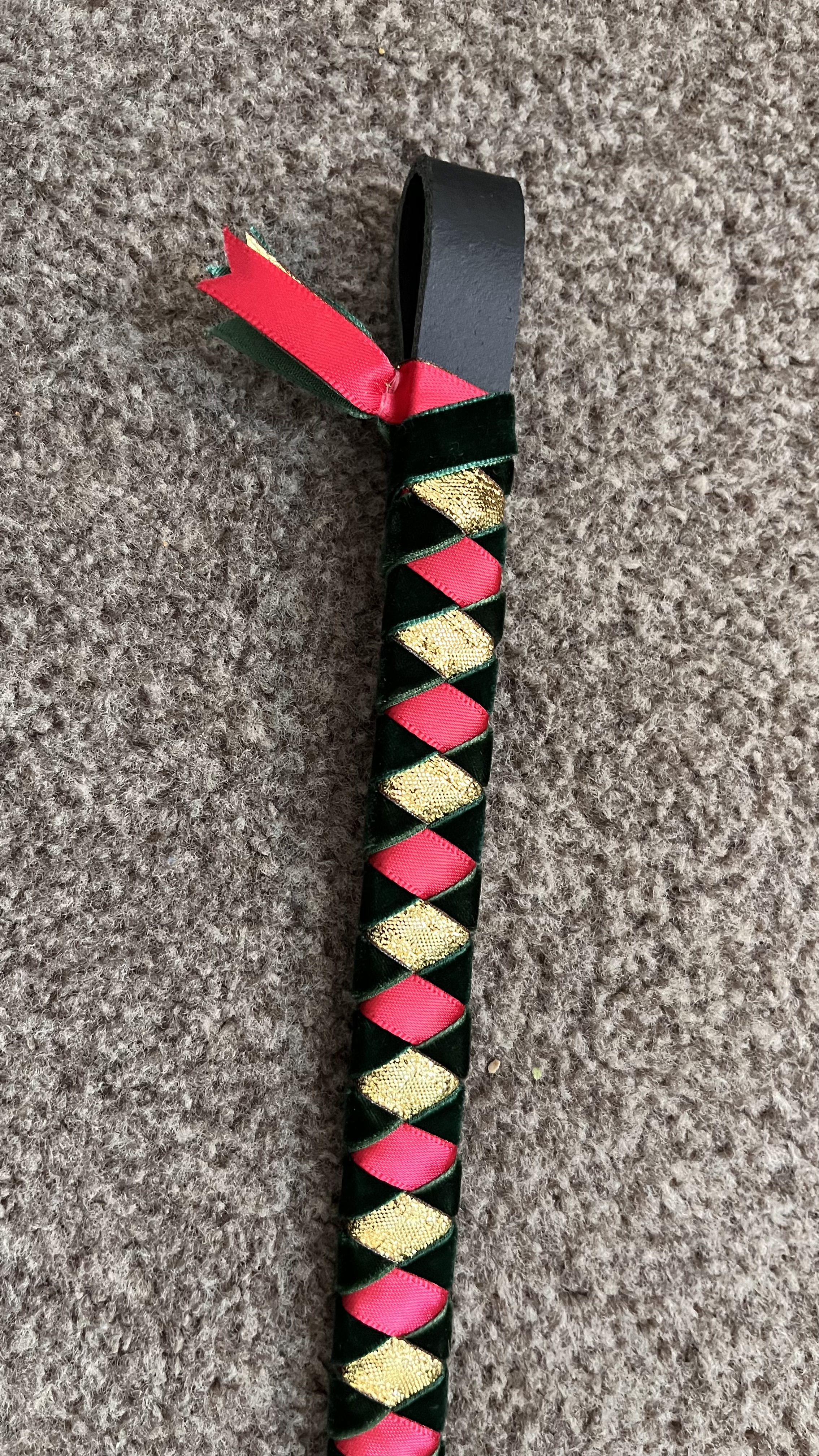 Dark Green velvet and gold/red ribbon diamond browband.  14" Black leather