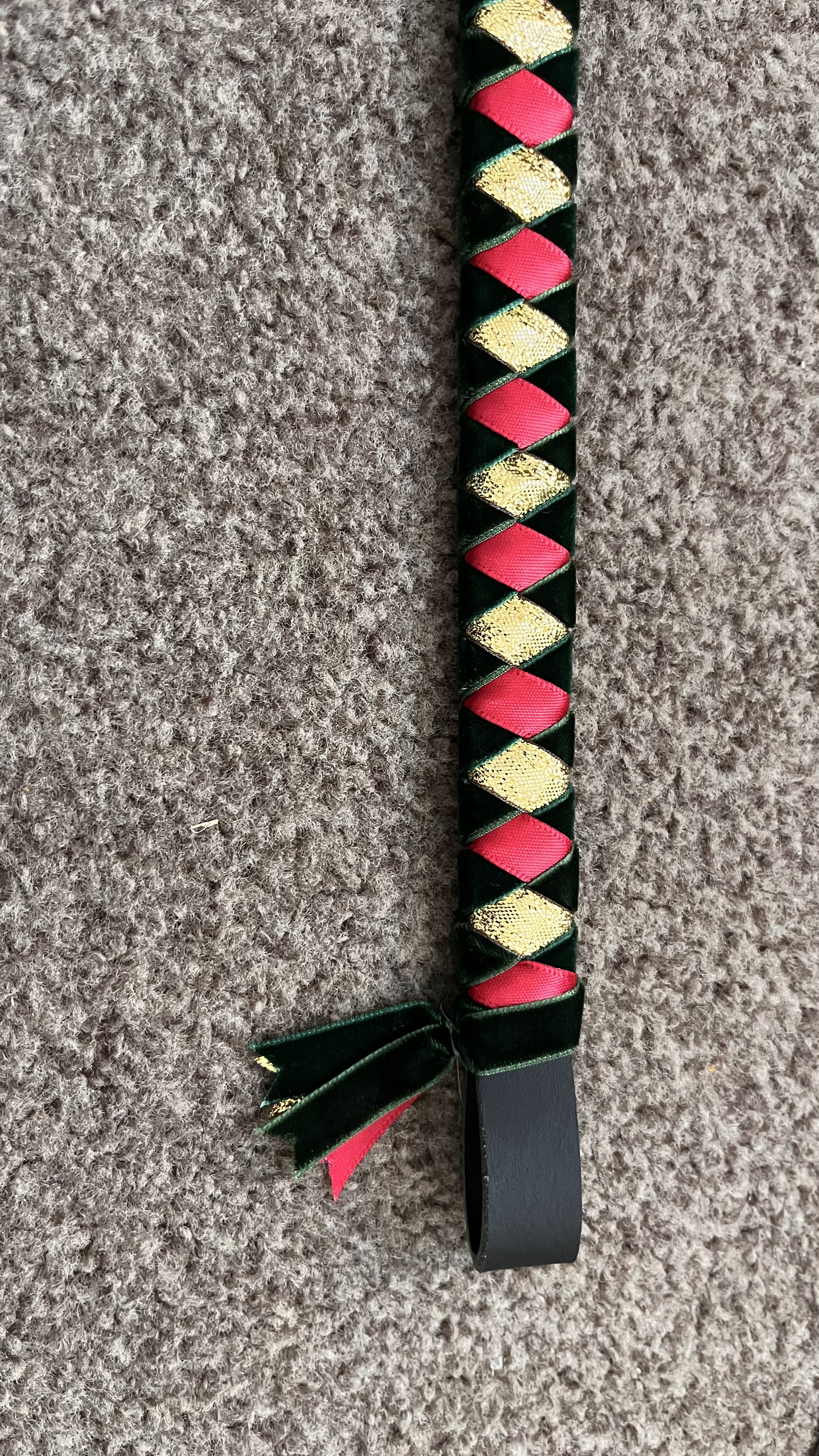 Dark Green velvet and gold/red ribbon diamond browband.  14" Black leather