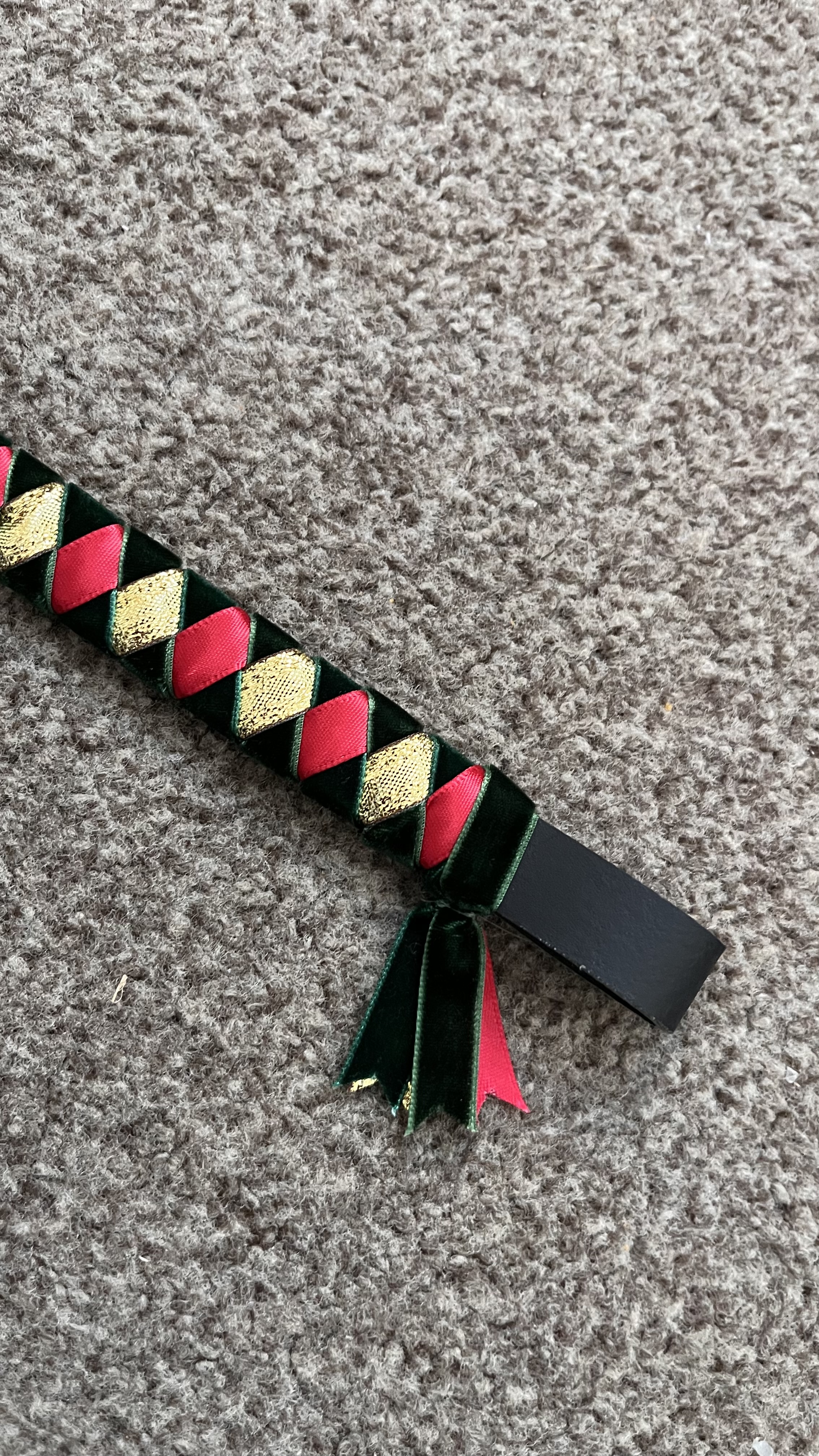 Dark Green velvet and gold/red ribbon diamond browband.  14" Black leather