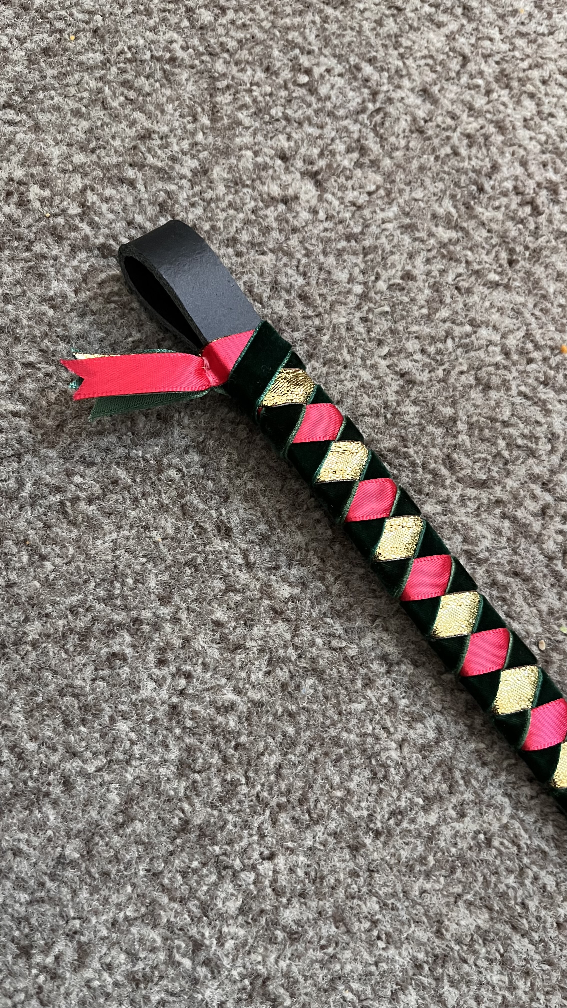 Dark Green velvet and gold/red ribbon diamond browband.  14" Black leather