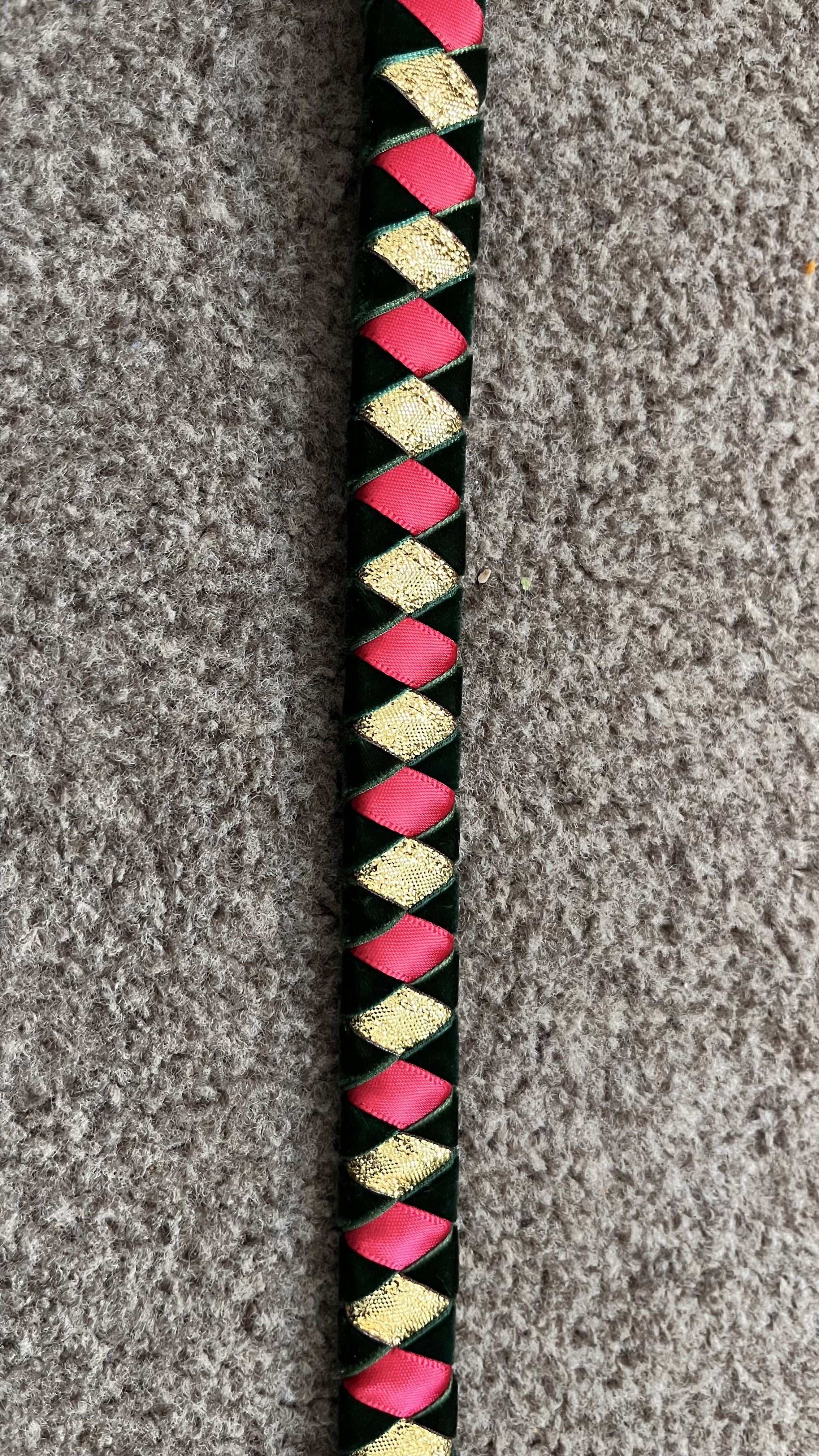 Dark Green velvet and gold/red ribbon diamond browband.  14" Black leather