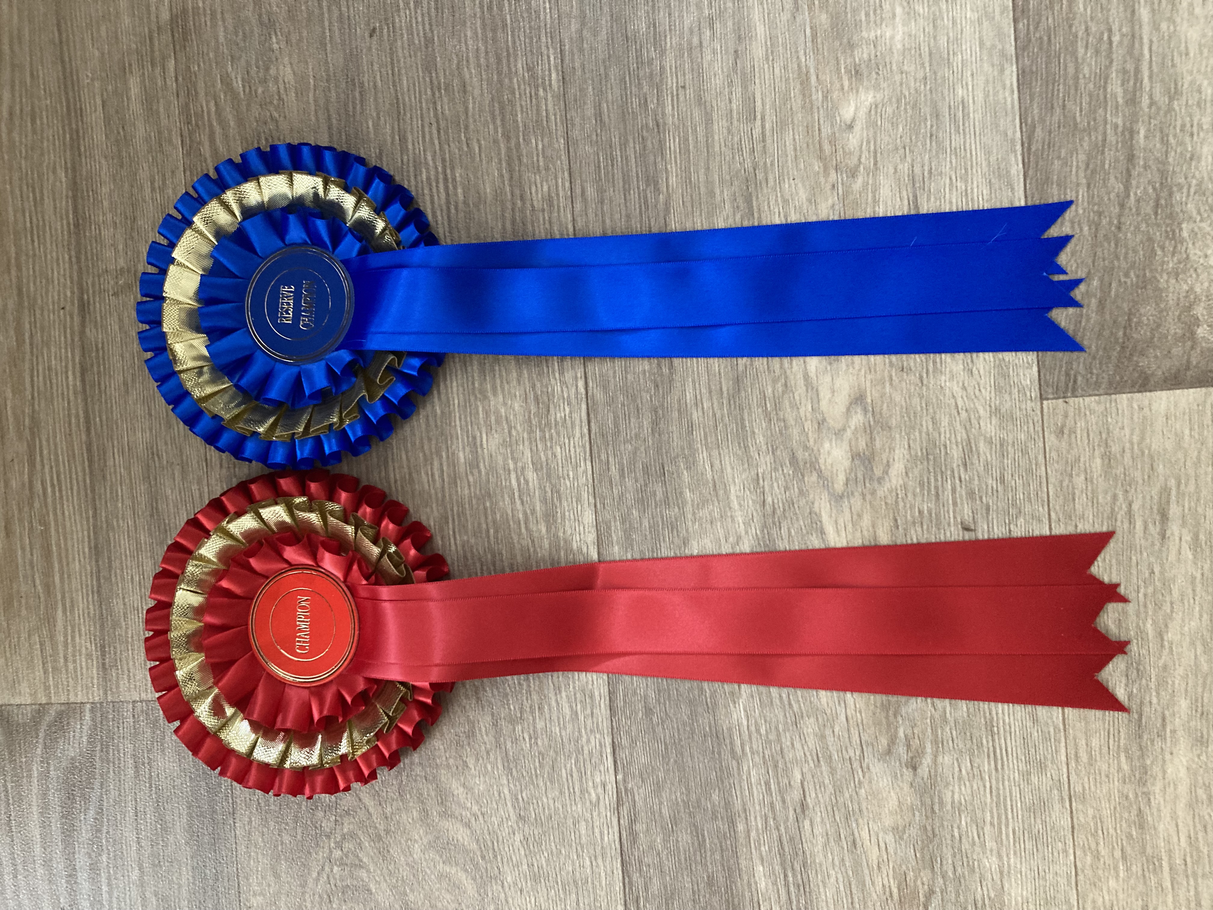 3 tier Champion  and Reserve Champion Rosettes.