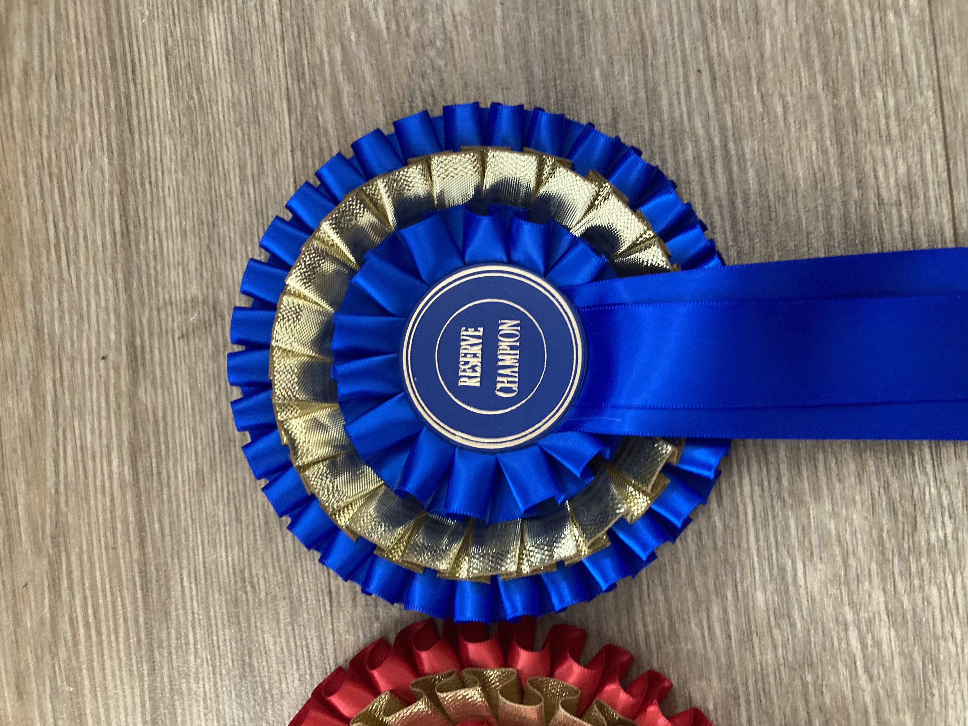 3 tier Champion  and Reserve Champion Rosettes.