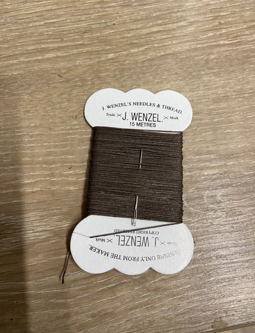 15m Wenzels waxed plaiting thread. Brown or Cream. With needle.