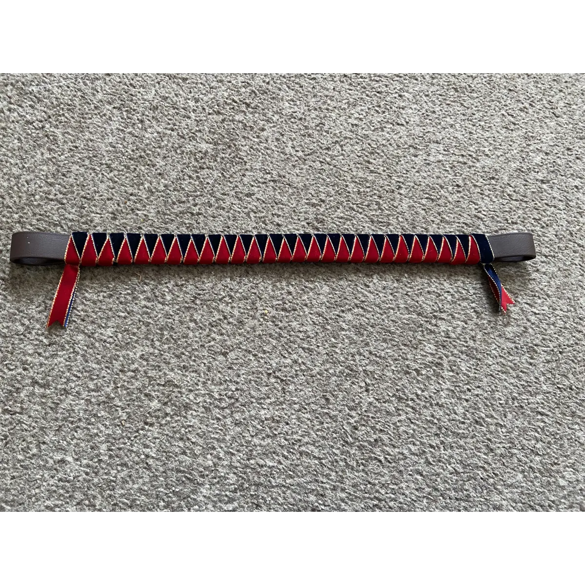 Red and Navy velvet gold edge browband. 3/4” biothane base.