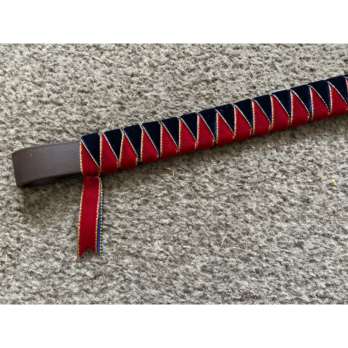 Red and Navy velvet gold edge browband. 3/4” biothane base.