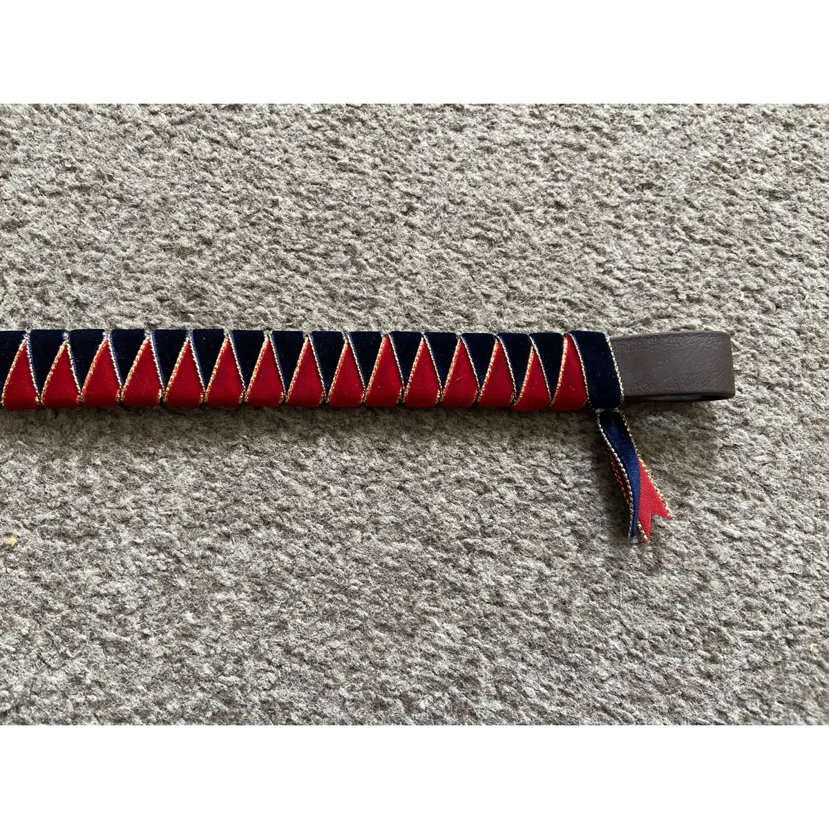 Red and Navy velvet gold edge browband. 3/4” biothane base.