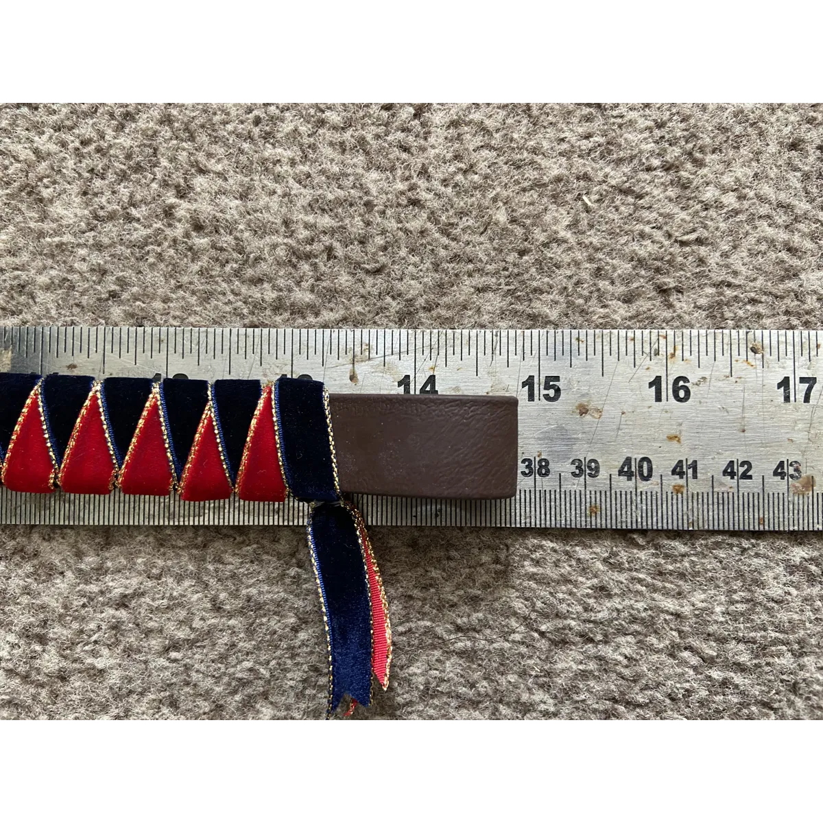 Red and Navy velvet gold edge browband. 3/4” biothane base.