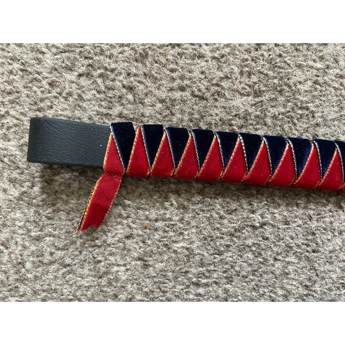 Red and Navy velvet gold edge browband. 3/4” biothane base.