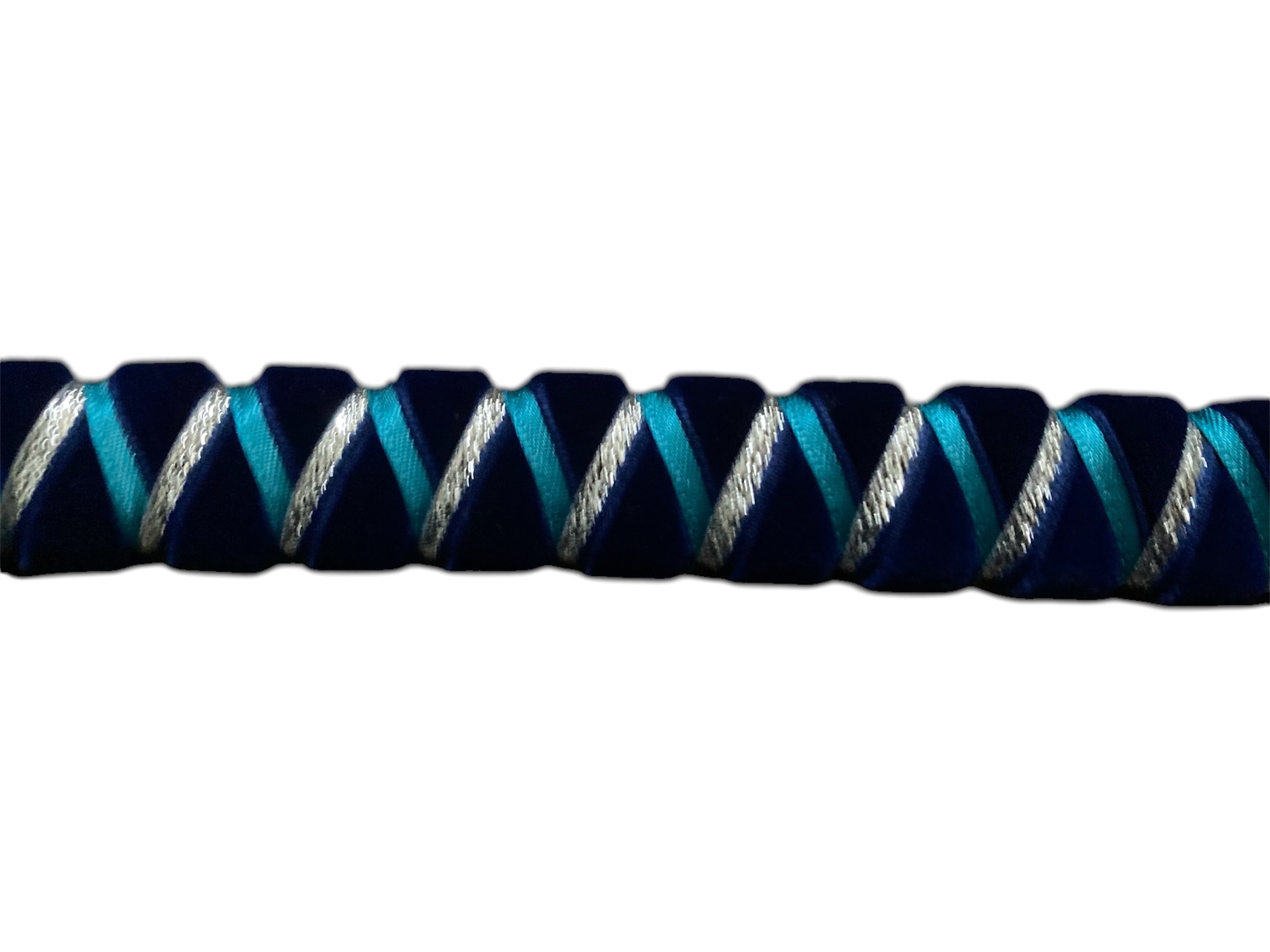 Navy velvet, Teal Satin and Silver Ribbon Browband. Cob size. Brown leather. Brand new.