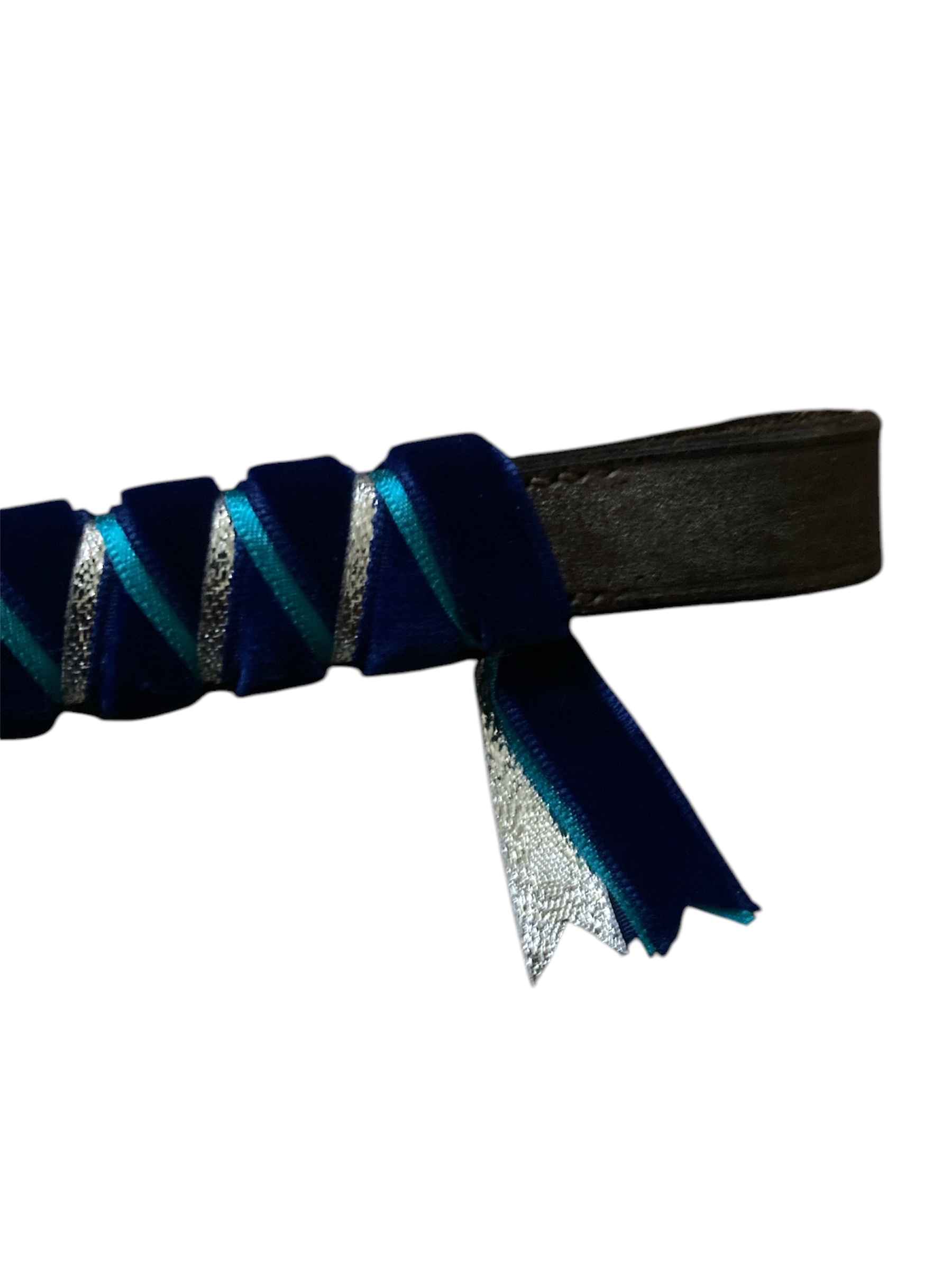 Navy velvet, Teal Satin and Silver Ribbon Browband. Cob size. Brown leather. Brand new.
