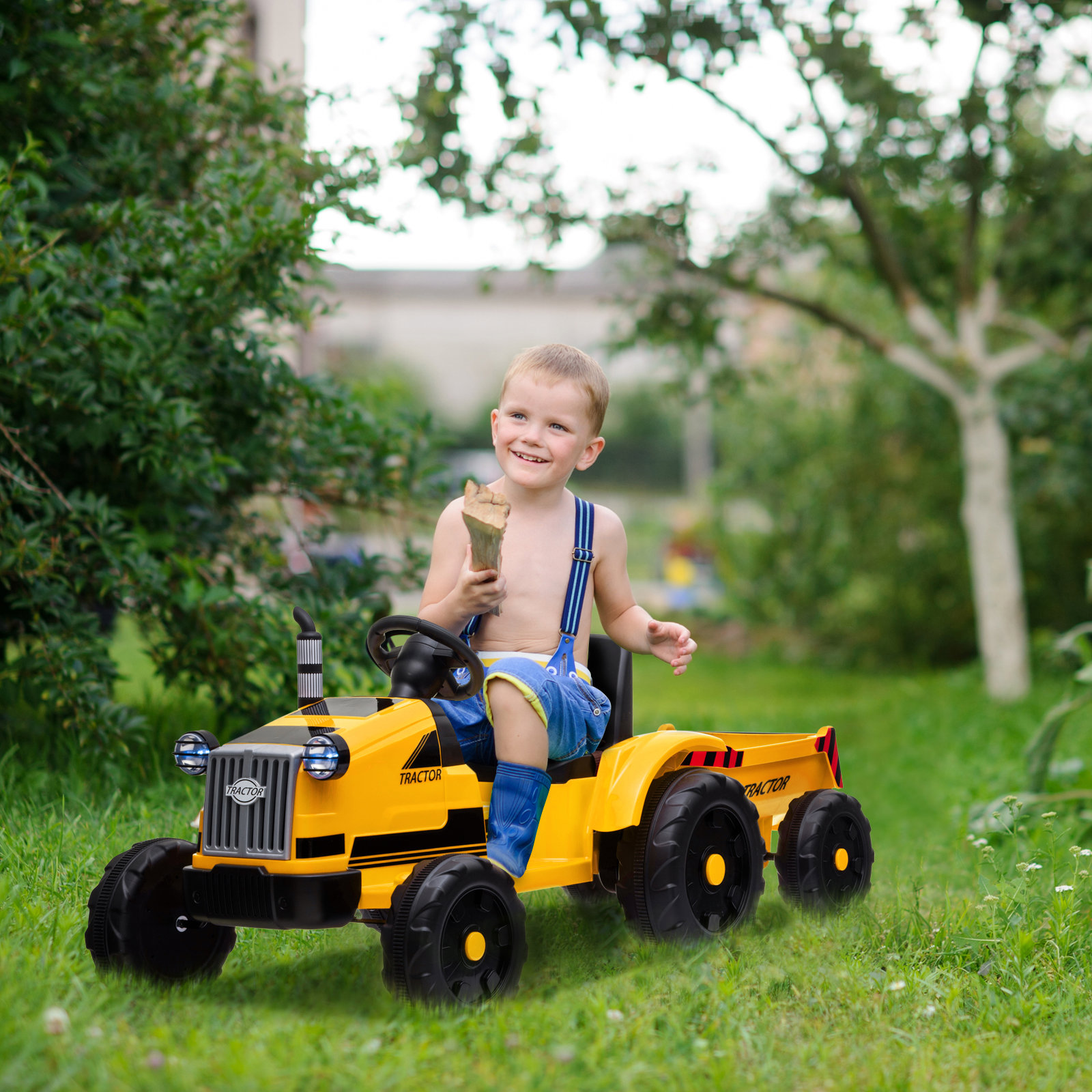 Toy Tractor with Trailer,3-Gear-Shift Ground Loader Ride On with LED Lights