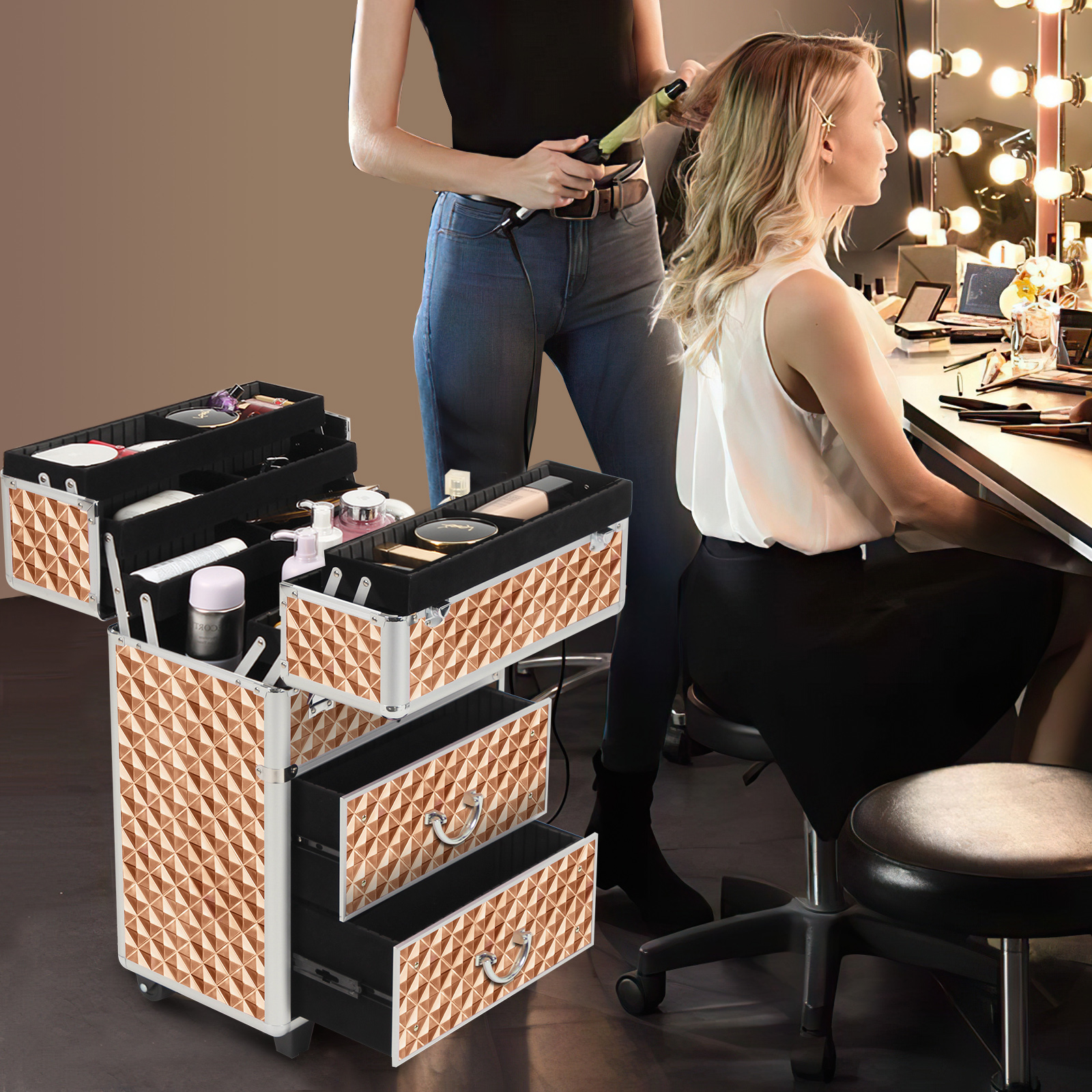 Rolling Makeup Case with Drawers, Makeup Trolley Case With Wheels Makeup Travel Case Organizer