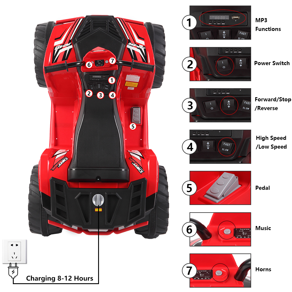 LEADZM LZ-9955 ALL Terrain Vehicle Dual Drive Battery 12V7AH*1 without Remote Control with Slow Start Black & Red