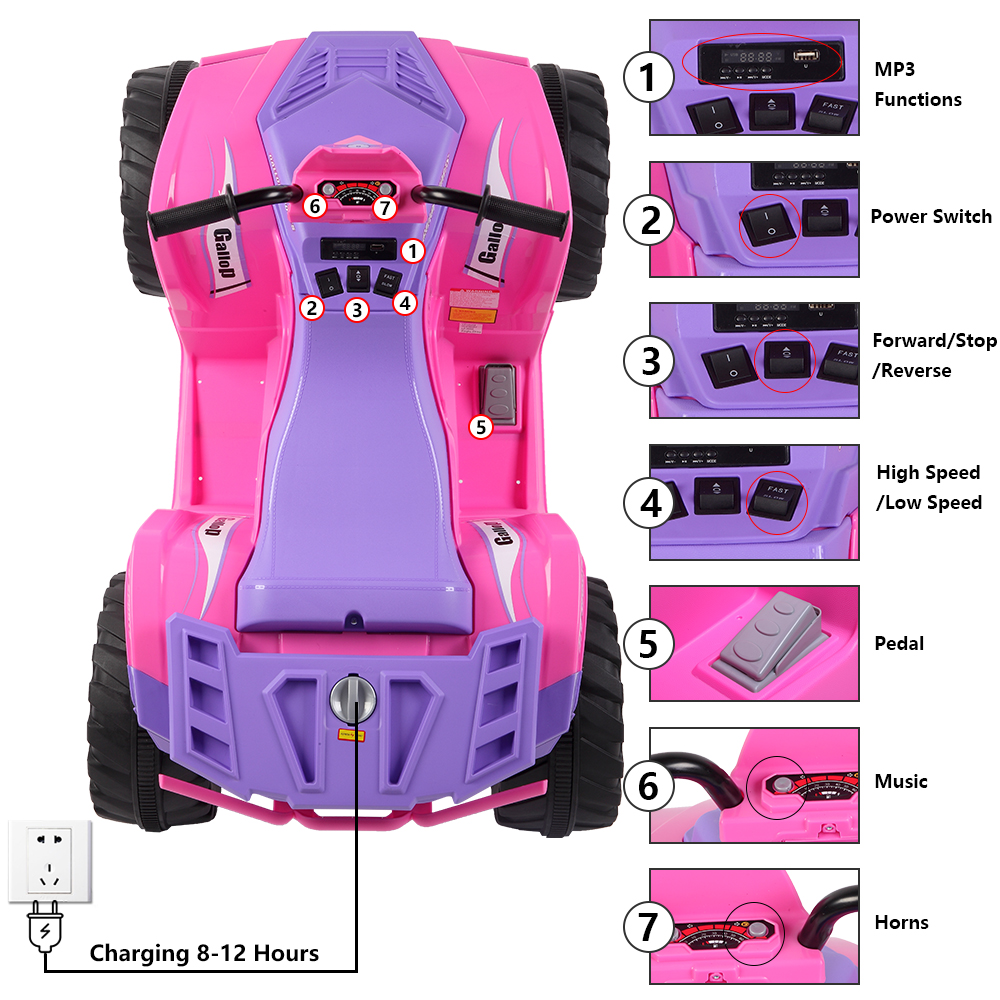 LEADZM LZ-9955 ALL Terrain Vehicle Dual Drive Battery 12V7AH*1 without Remote Control with Slow Start Pink & purple