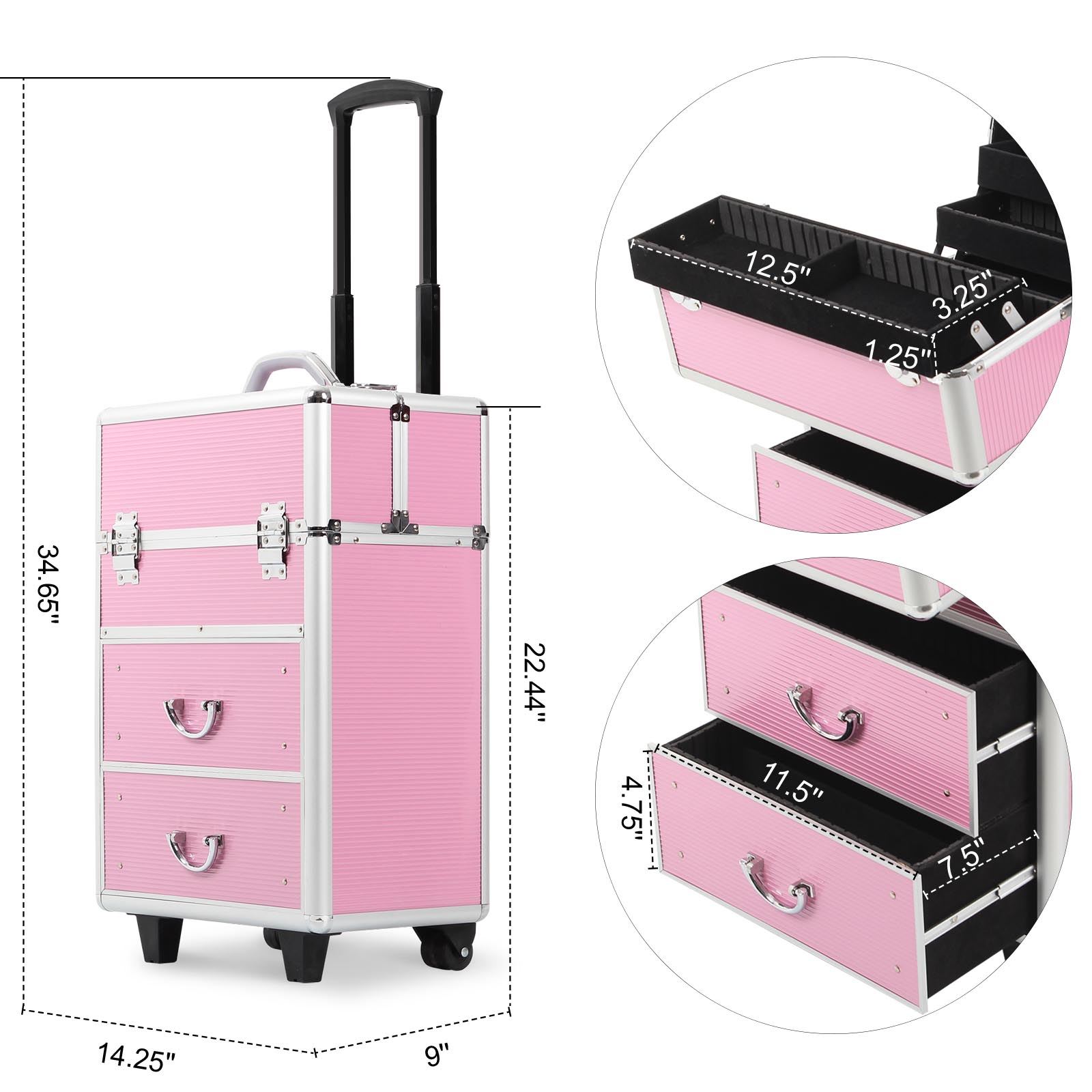 Rolling Makeup Case with Drawers, Makeup Trolley Case With Wheels Makeup Travel Case Organizer