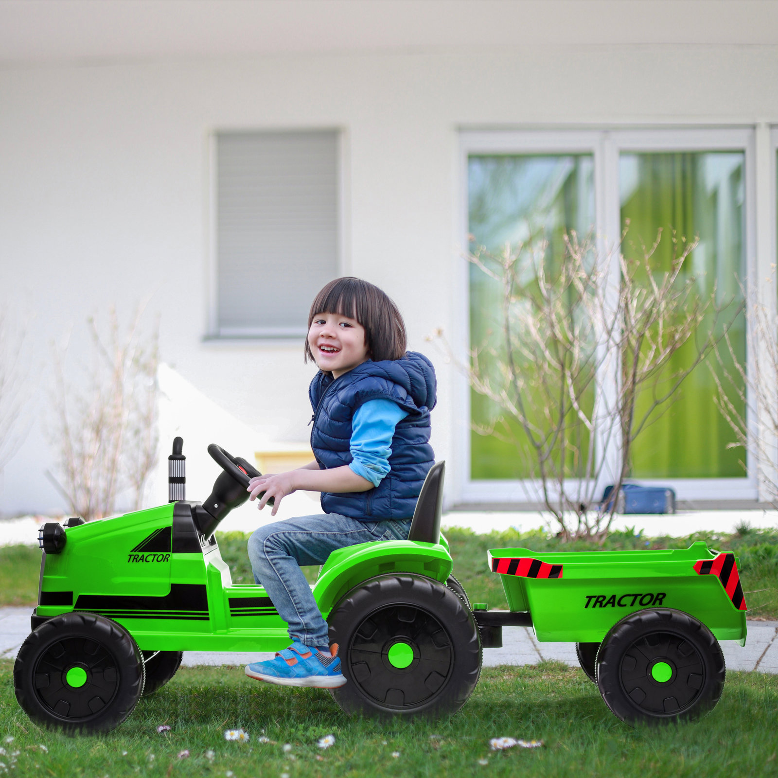 Toy Tractor with Trailer,3-Gear-Shift Ground Loader Ride On with LED Lights