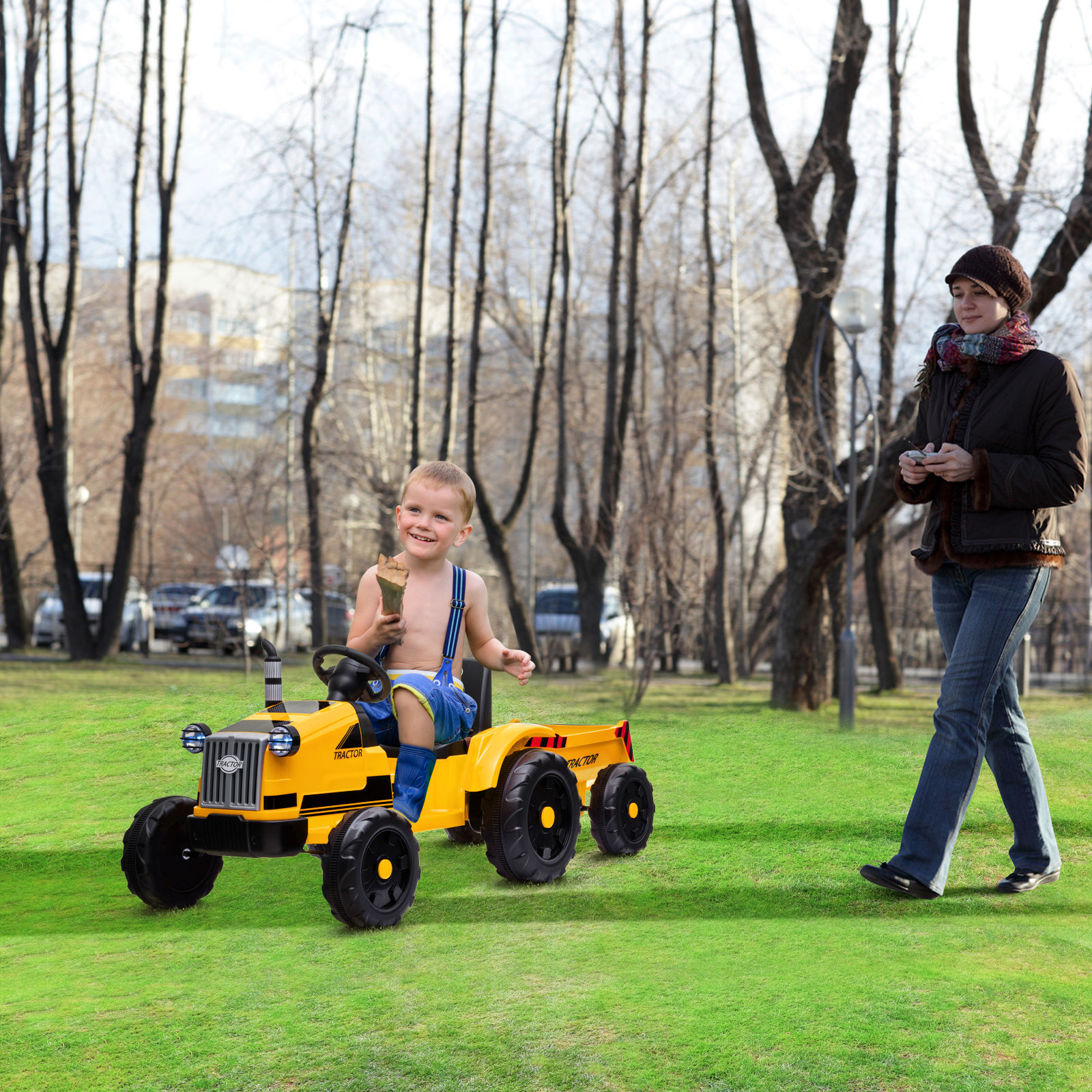 Toy Tractor with Trailer,3-Gear-Shift Ground Loader Ride On with LED Lights
