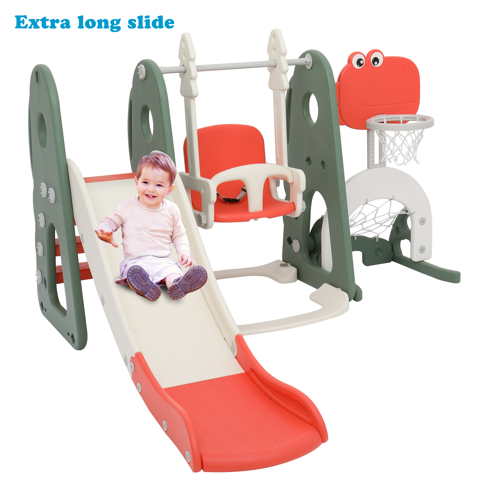 5-in-1 Toddler Slide and Swing Set, Kids Play Climber Slide Playset w/Basketball Hoop, Soccer Goal, Golf
