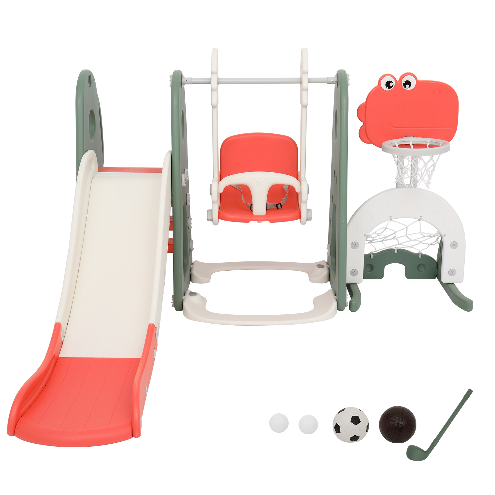 5-in-1 Toddler Slide and Swing Set, Kids Play Climber Slide Playset w/Basketball Hoop, Soccer Goal, Golf