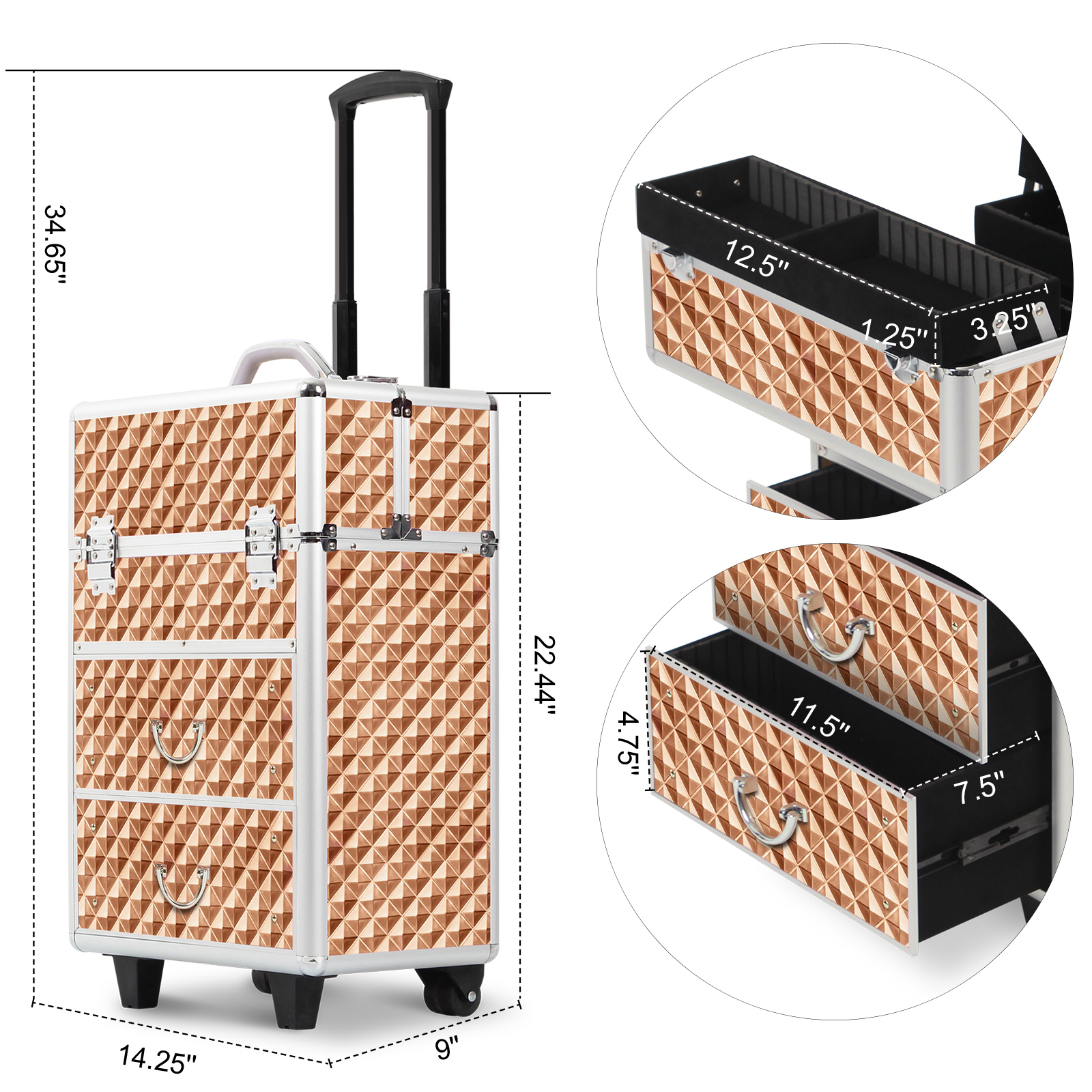 Rolling Makeup Case with Drawers, Makeup Trolley Case With Wheels Makeup Travel Case Organizer
