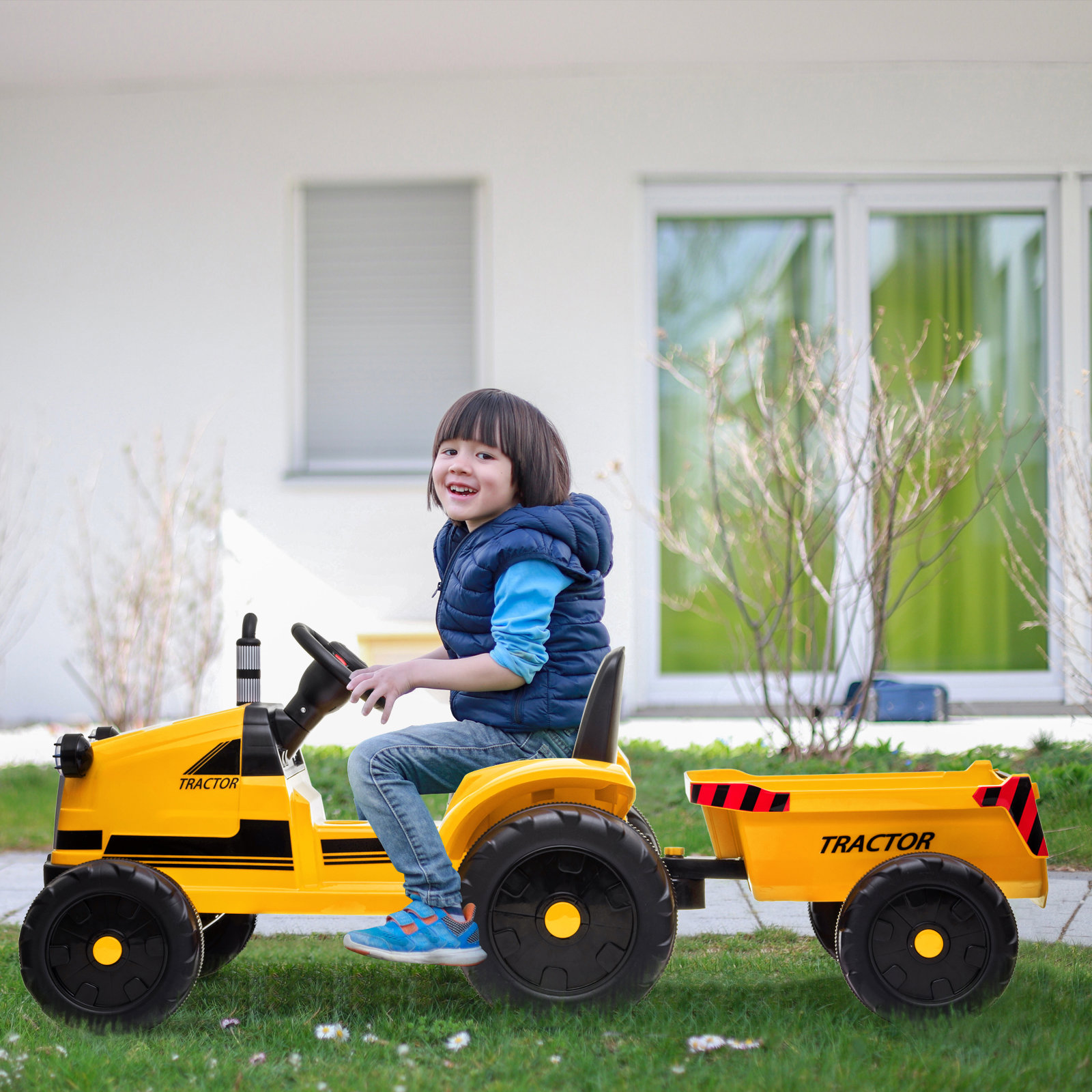 Toy Tractor with Trailer,3-Gear-Shift Ground Loader Ride On with LED Lights