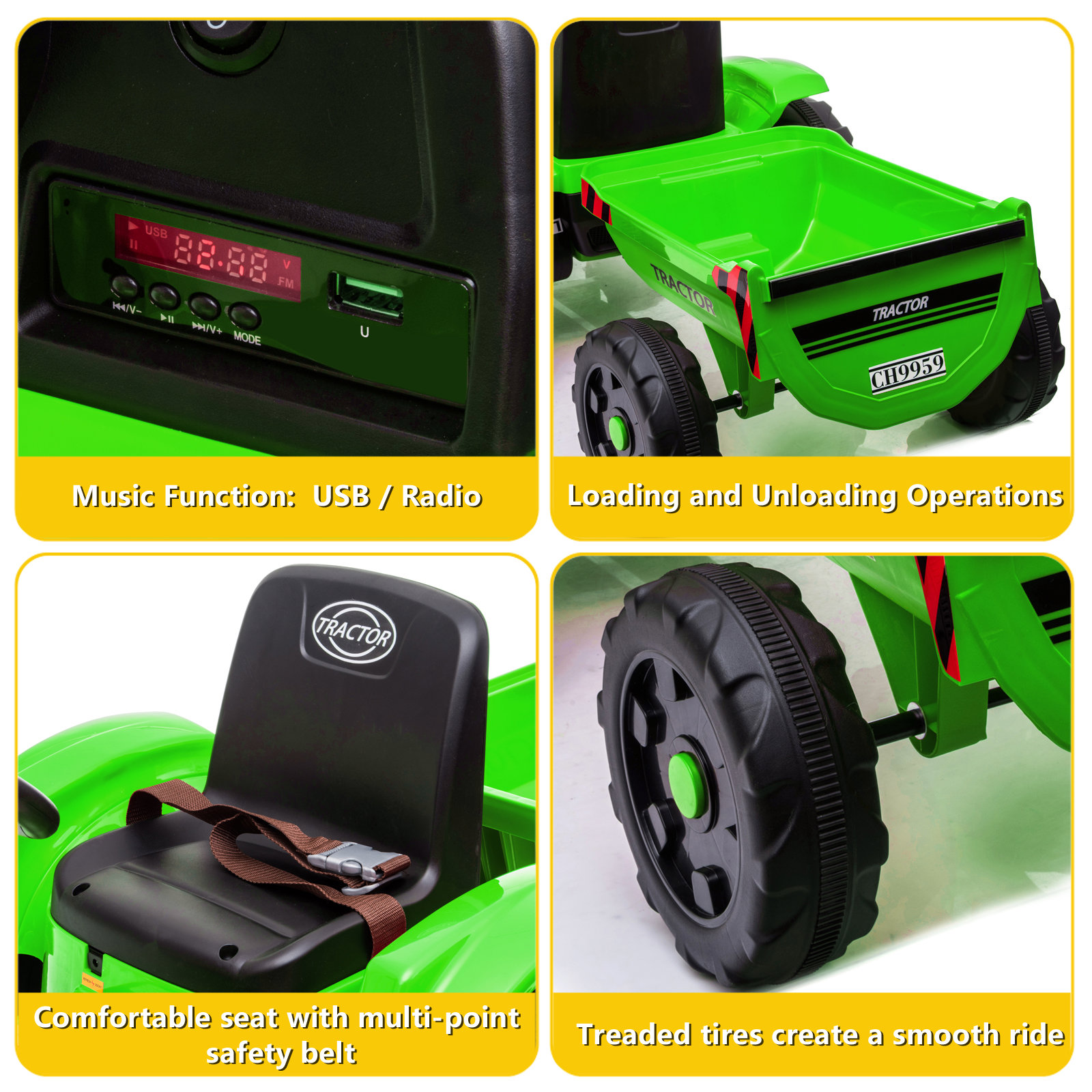 Toy Tractor with Trailer,3-Gear-Shift Ground Loader Ride On with LED Lights