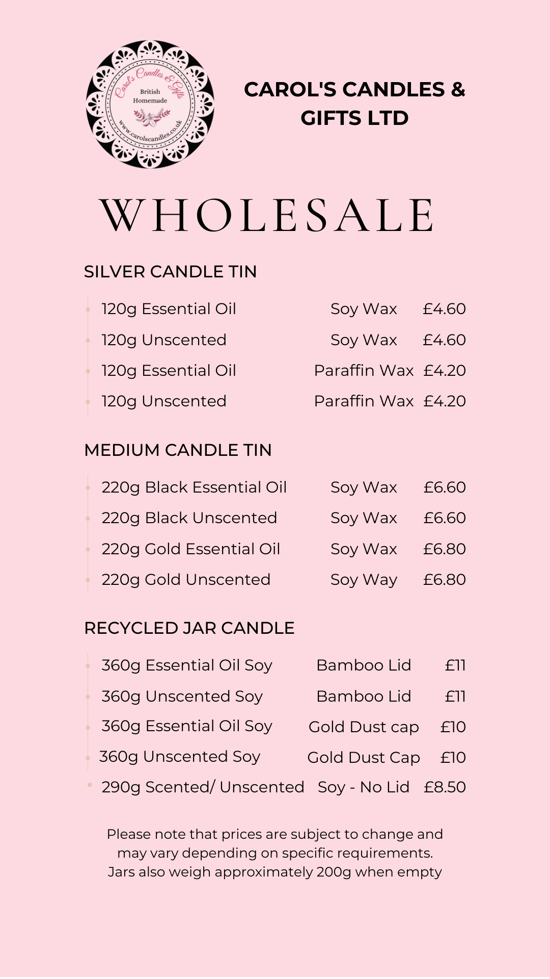 Carol's Candles & Gifts Ltd wholesale contaainers