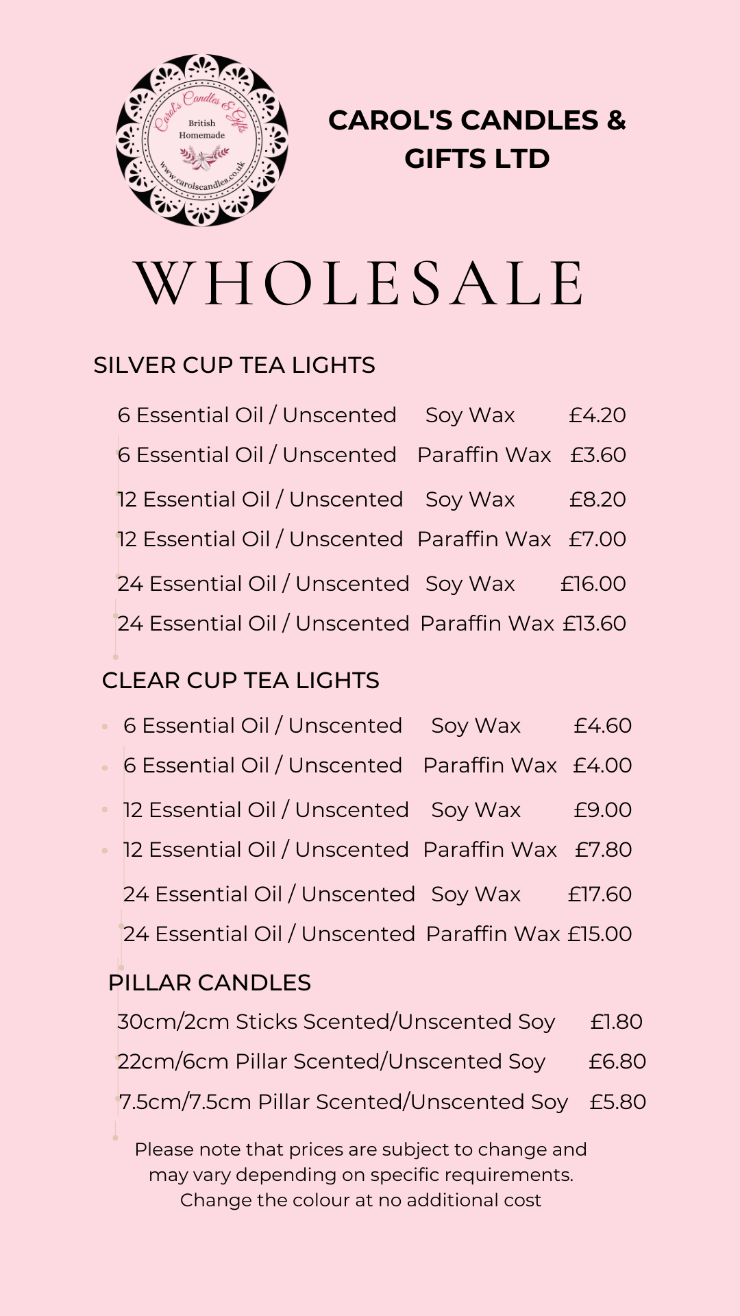 Carol's Candles & Gifts Ltd wholesale tea lights pillars