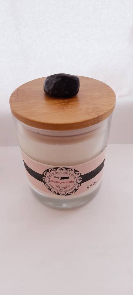 30cl Honeysuckle - Luxury scented Soy Candle with lid + Amethyst stone, boxed. Carol's Candles