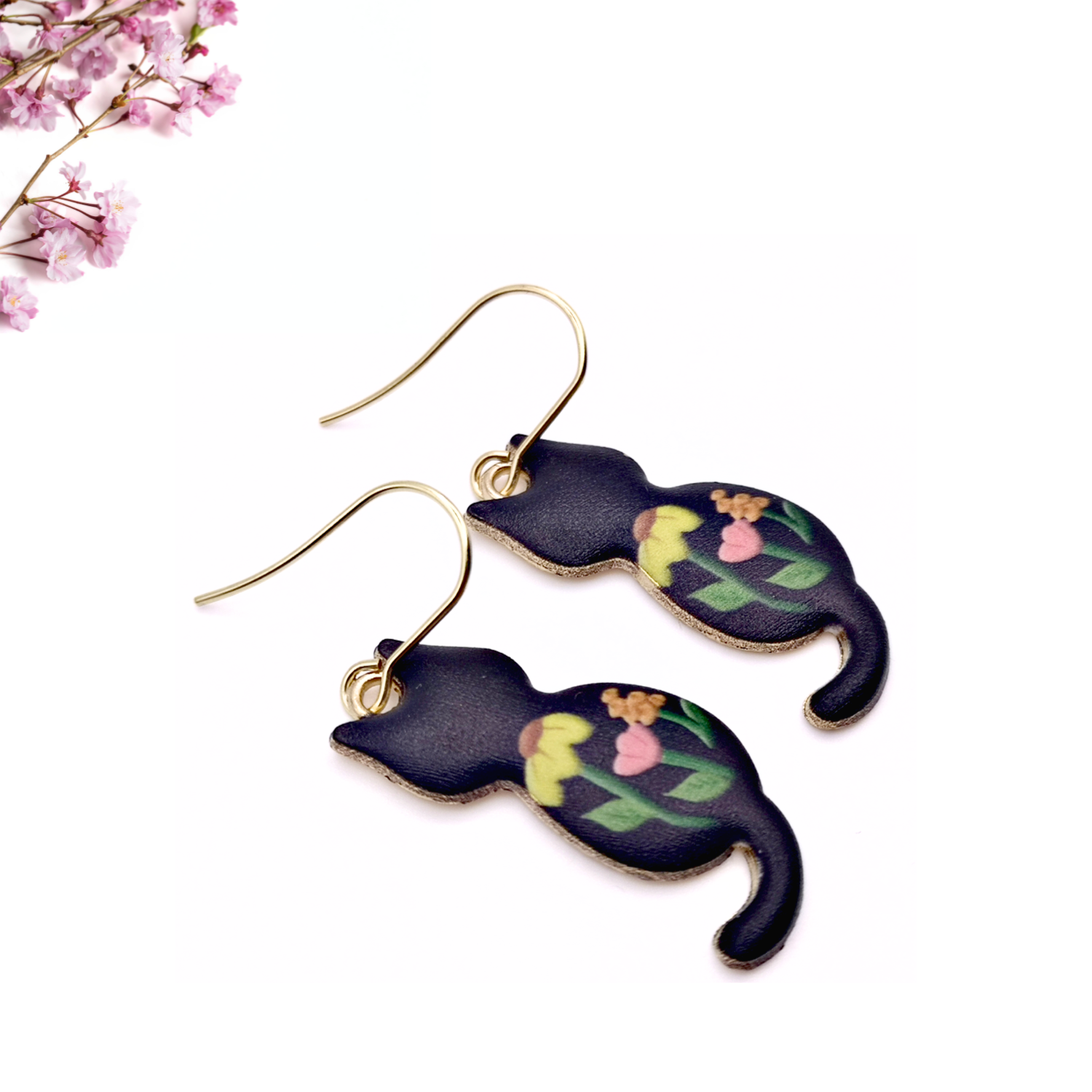 Black Cat Floral Earrings