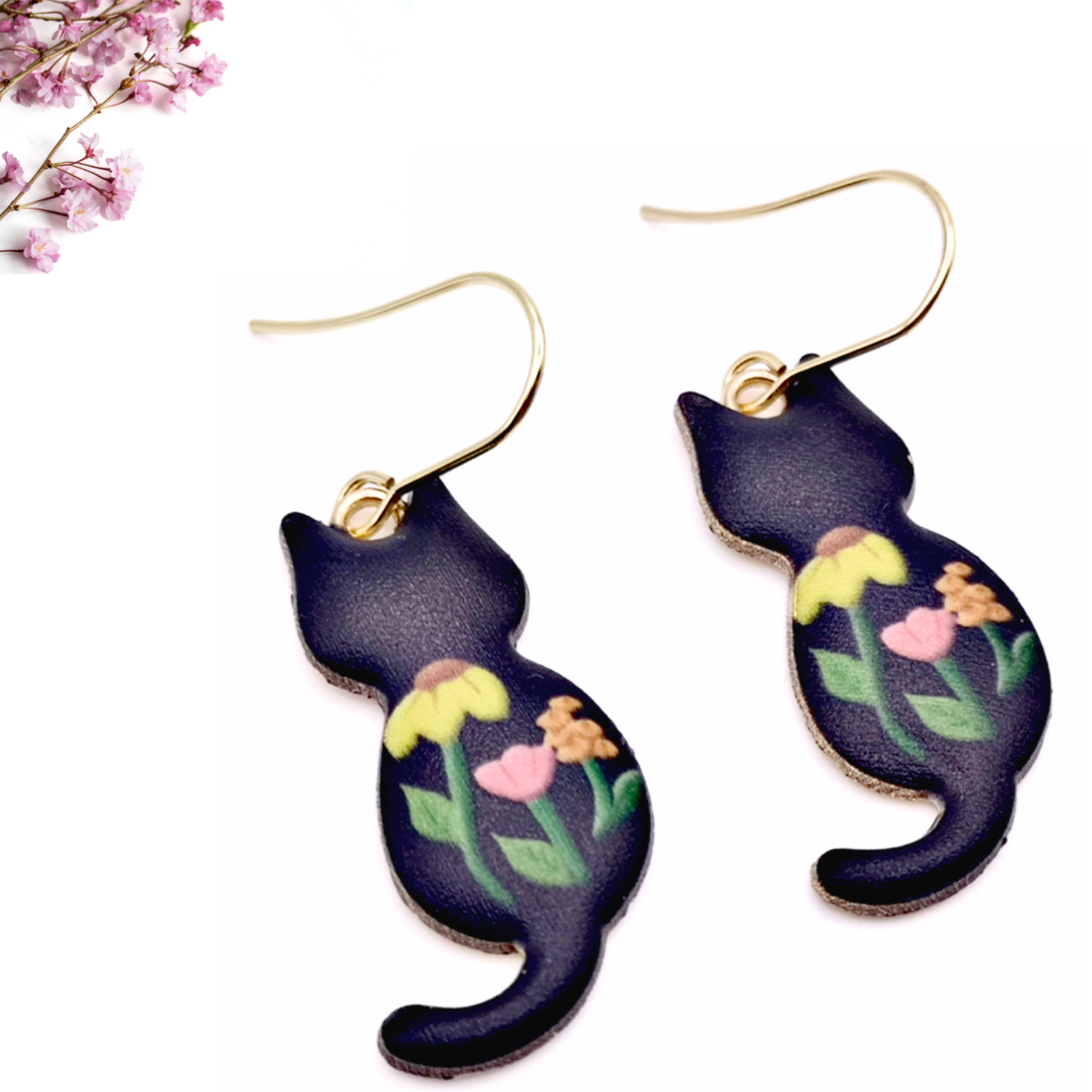 Black Cat Floral Earrings