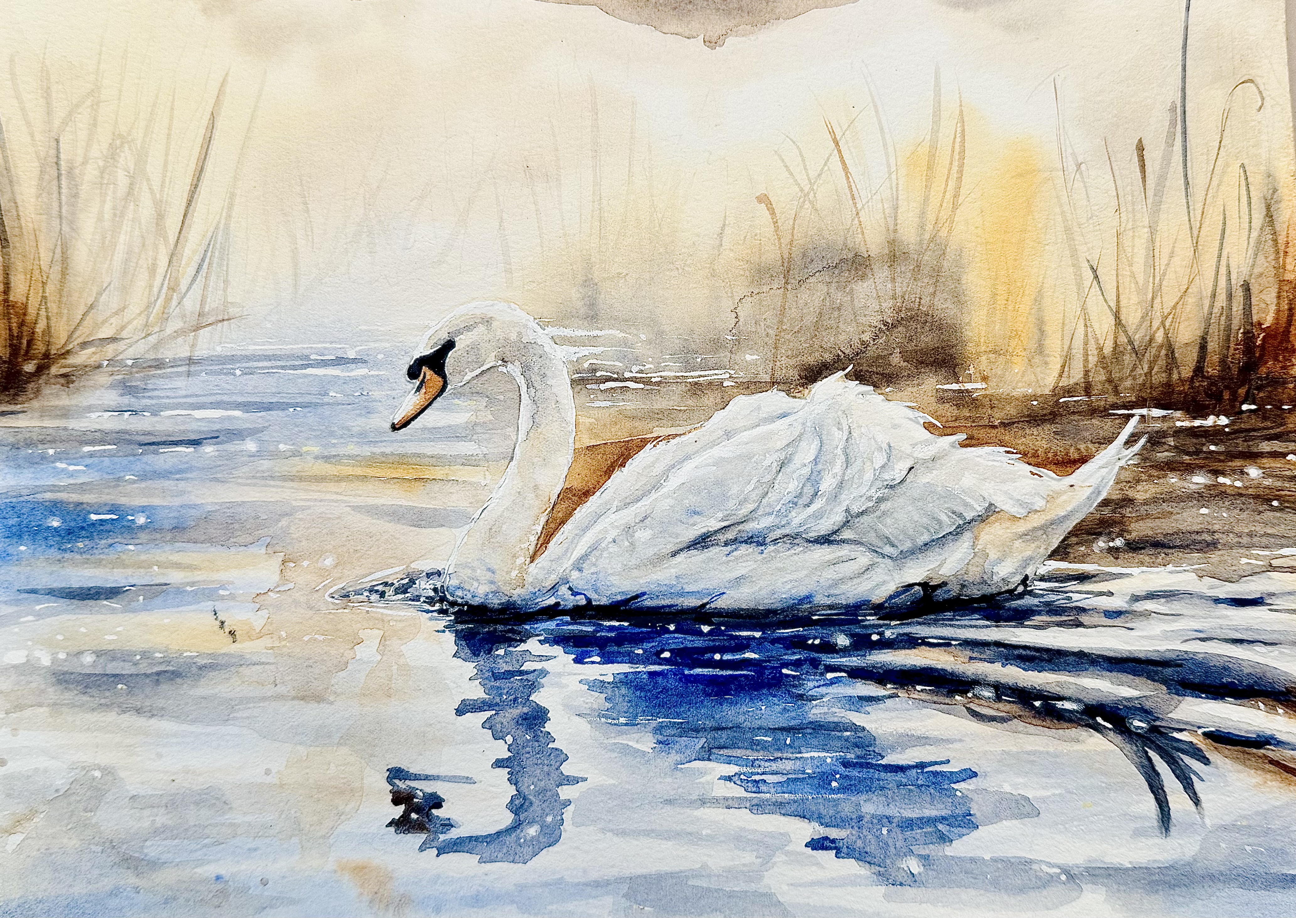 Schwan in Lasuren mit Velázquez-Palette (Lichter Ocker, Siena gebrannt, Ultramarin)