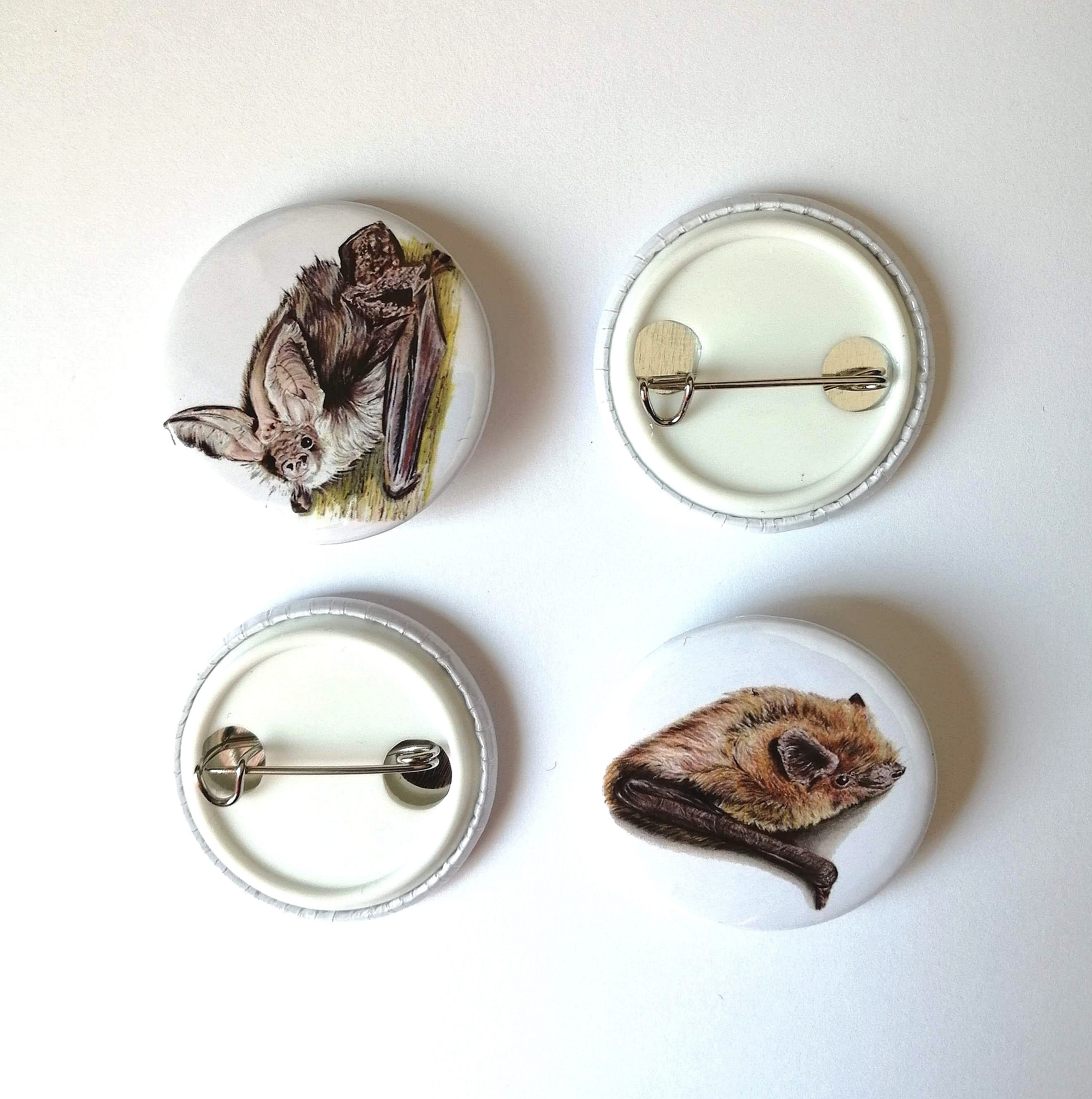 Bat Badges, Bat Button Badges, Common Pipistrelle, Brown Long Eared Bat, 32mm Badges, Bat Lover Gift