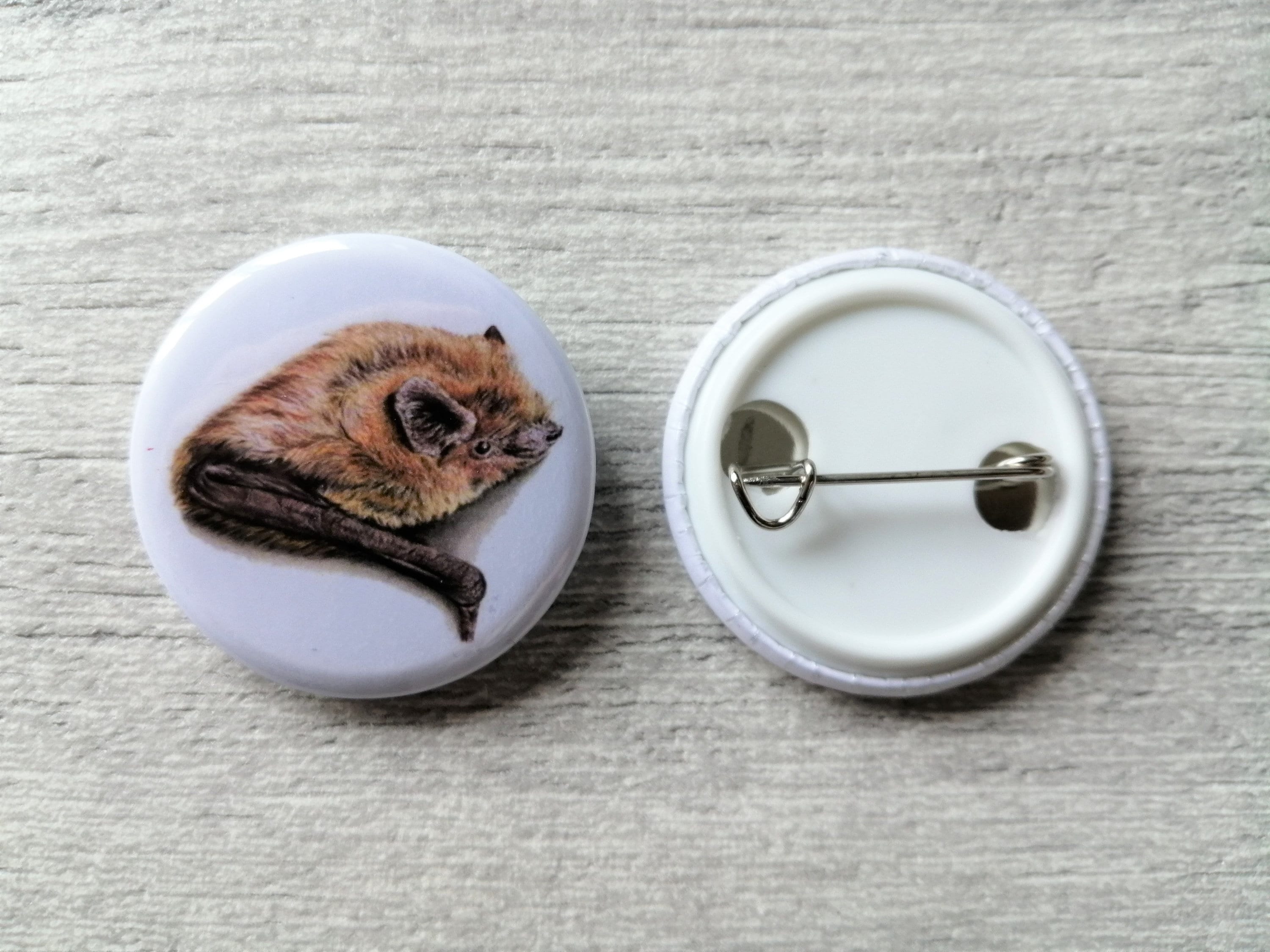 Bat Badges, Bat Button Badges, Common Pipistrelle, Brown Long Eared Bat, 32mm Badges, Bat Lover Gift