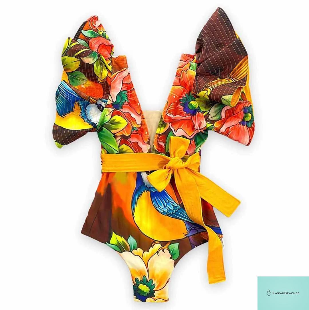 Kawaii V-Neck Lace Print One Piece Swimsuit