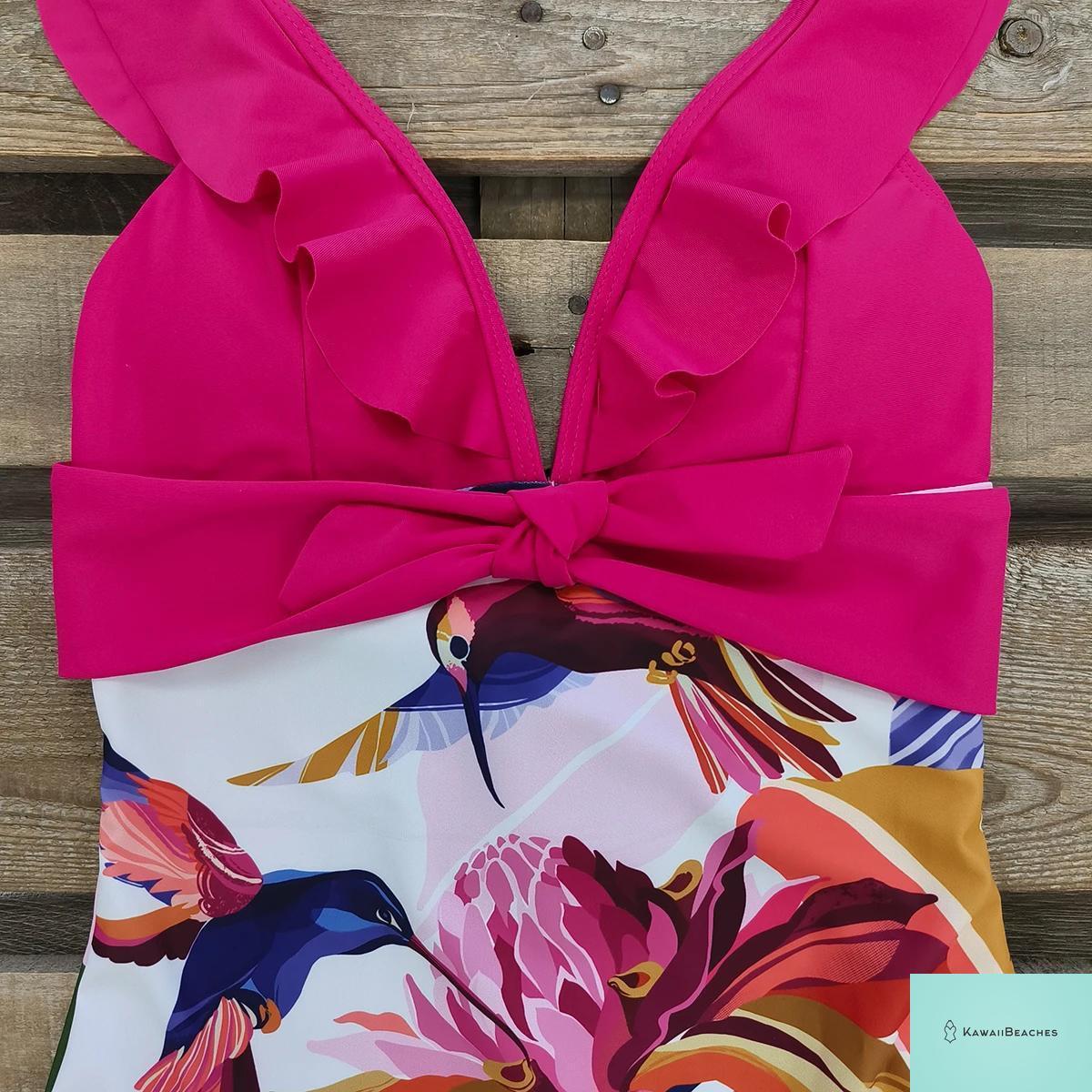 Lace Print V-Neck One Piece Swimsuit