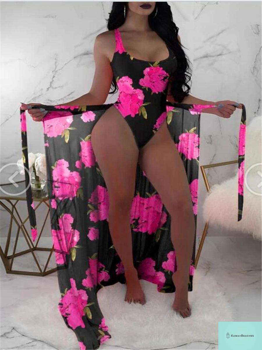 Floral Print Beach Bodysuit and Skirt