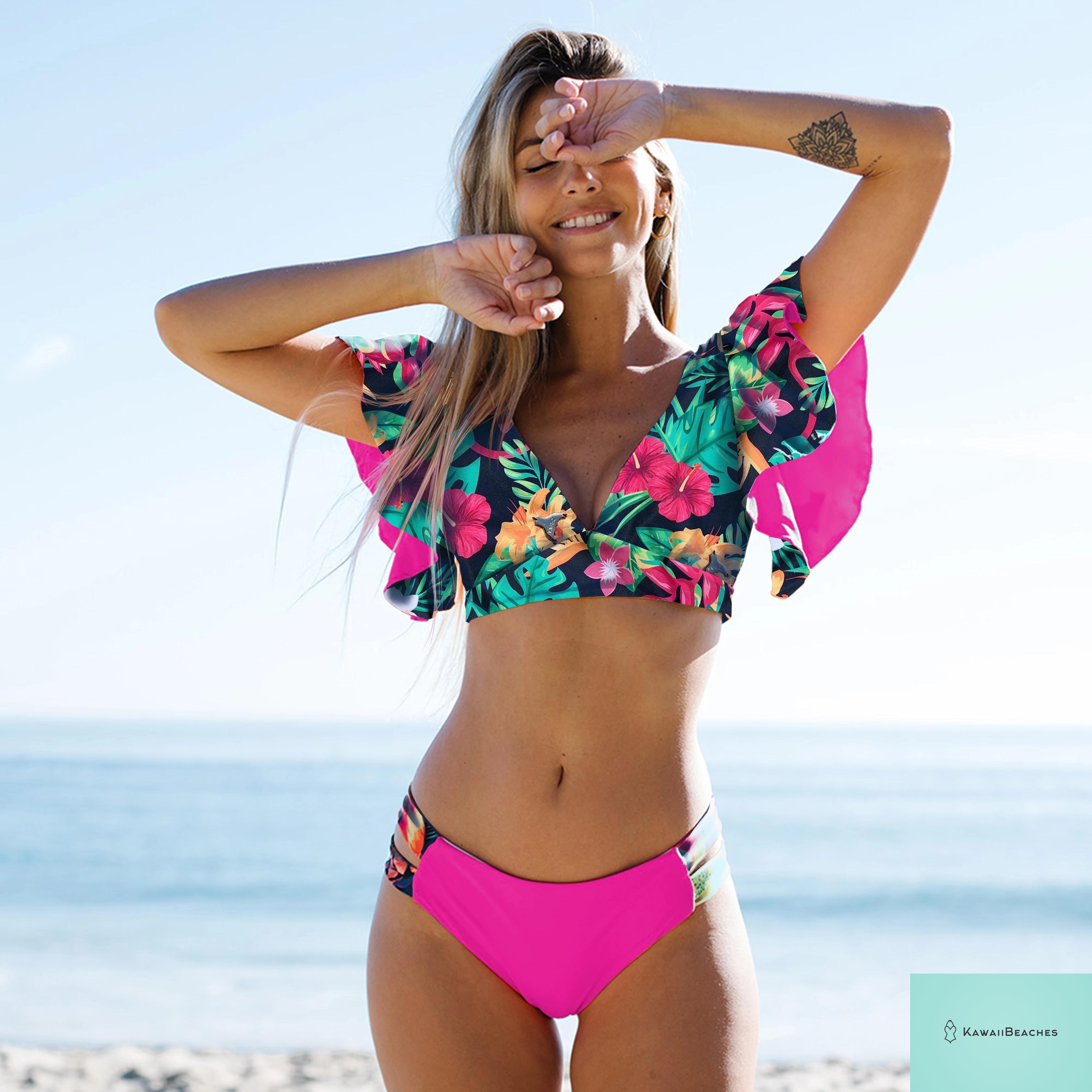 Tropical Ruffle Floral High Waist Swimsuit