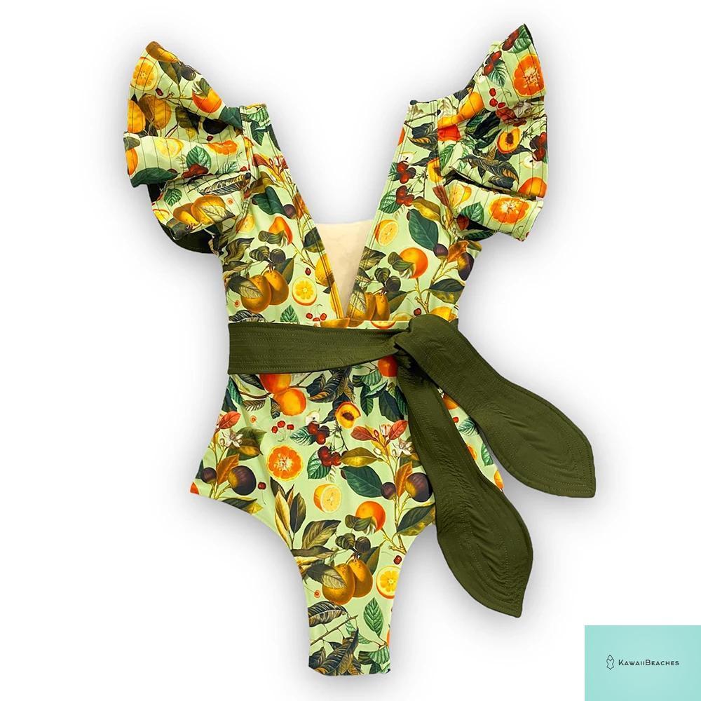 Kawaii V-Neck Lace Print One Piece Swimsuit