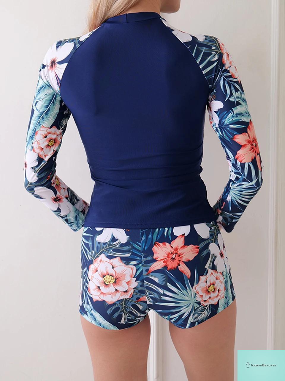 Floral Long Sleeve Two Piece Swimsuit