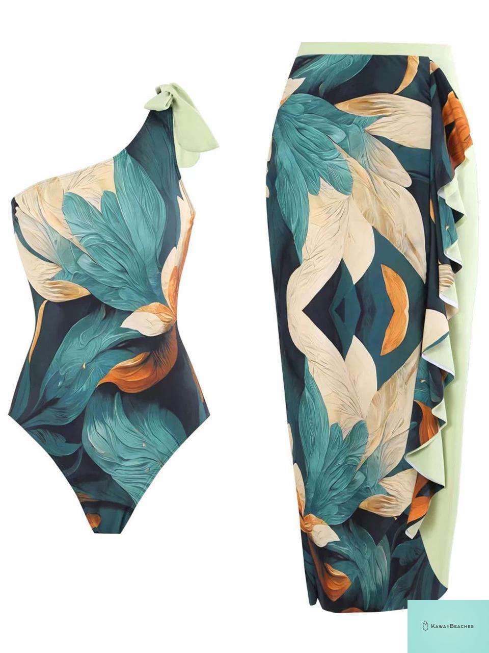 Vintage One Shoulder Swimsuit and Skirt Set