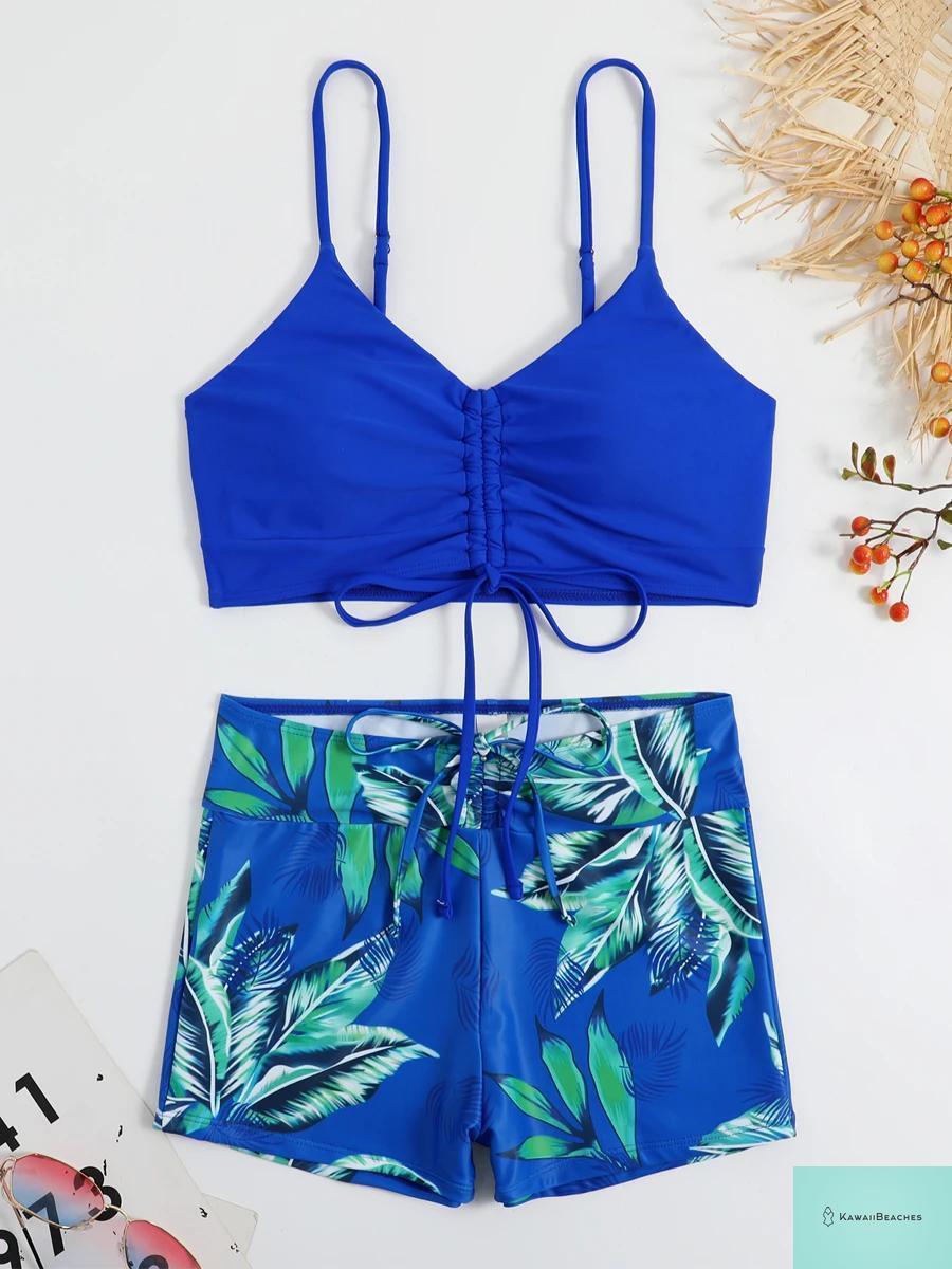 Tropical Print High Waist Drawstring Bikini