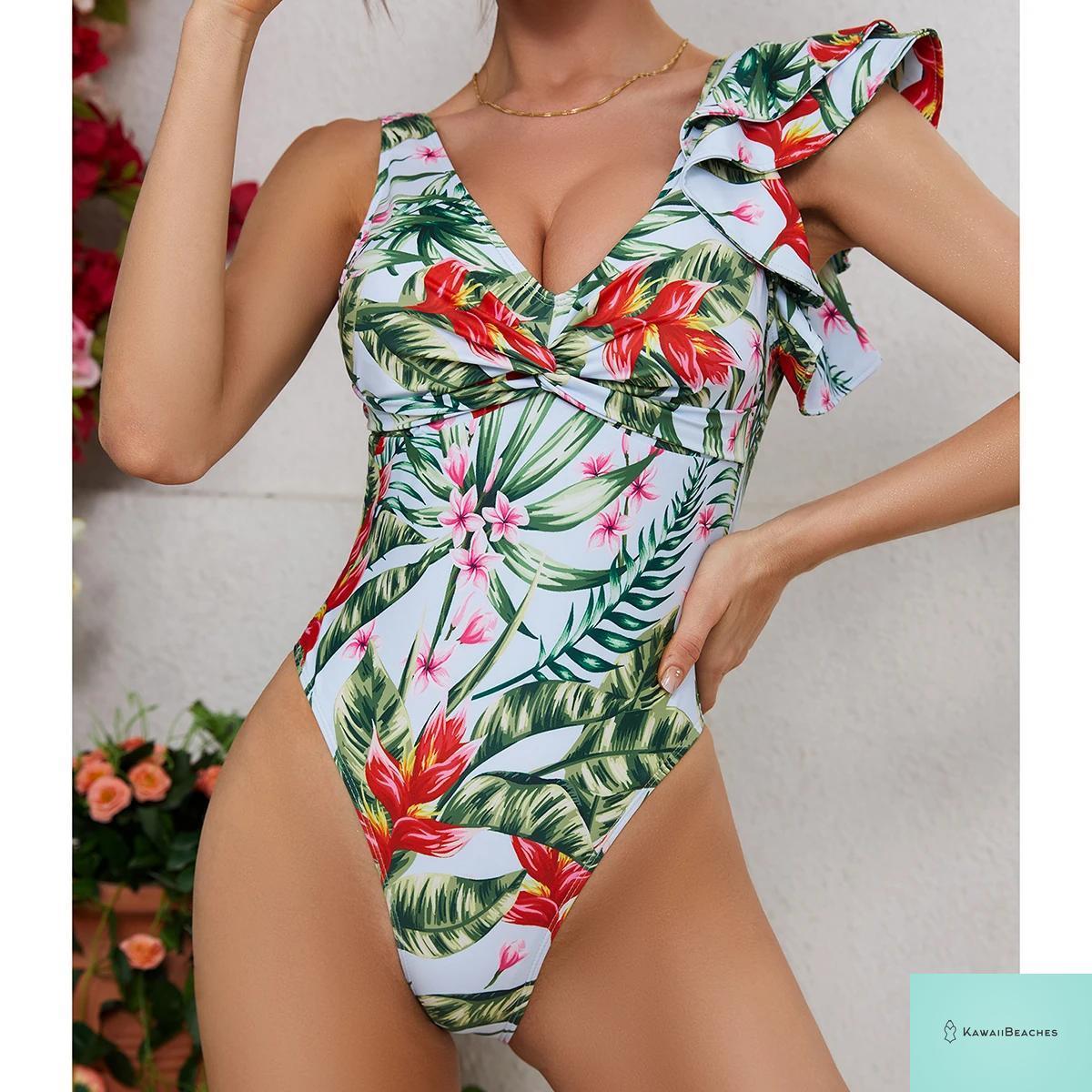 Kawaii V-Neck Lace Print One Piece Swimsuit