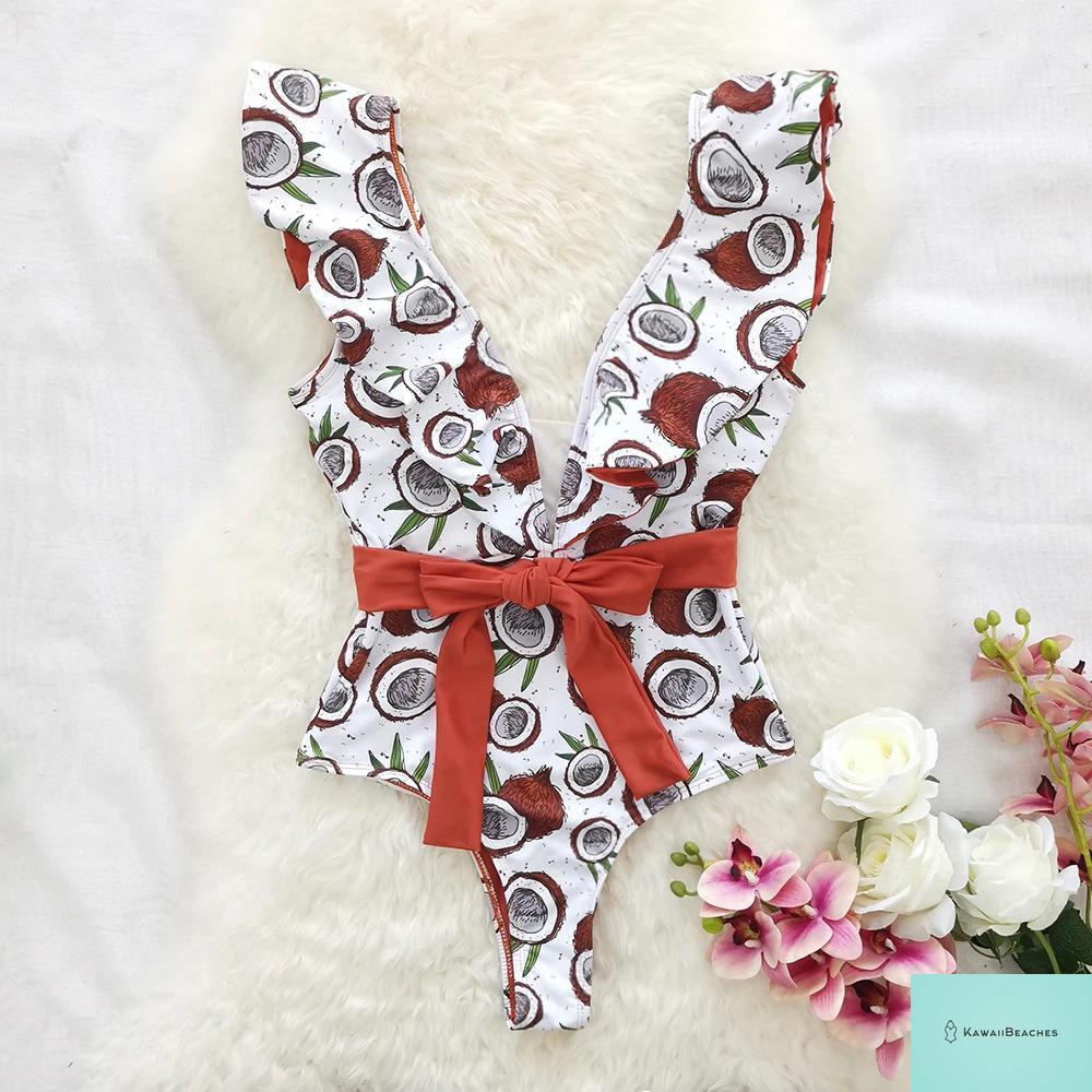 Kawaii V-Neck Lace Print One Piece Swimsuit