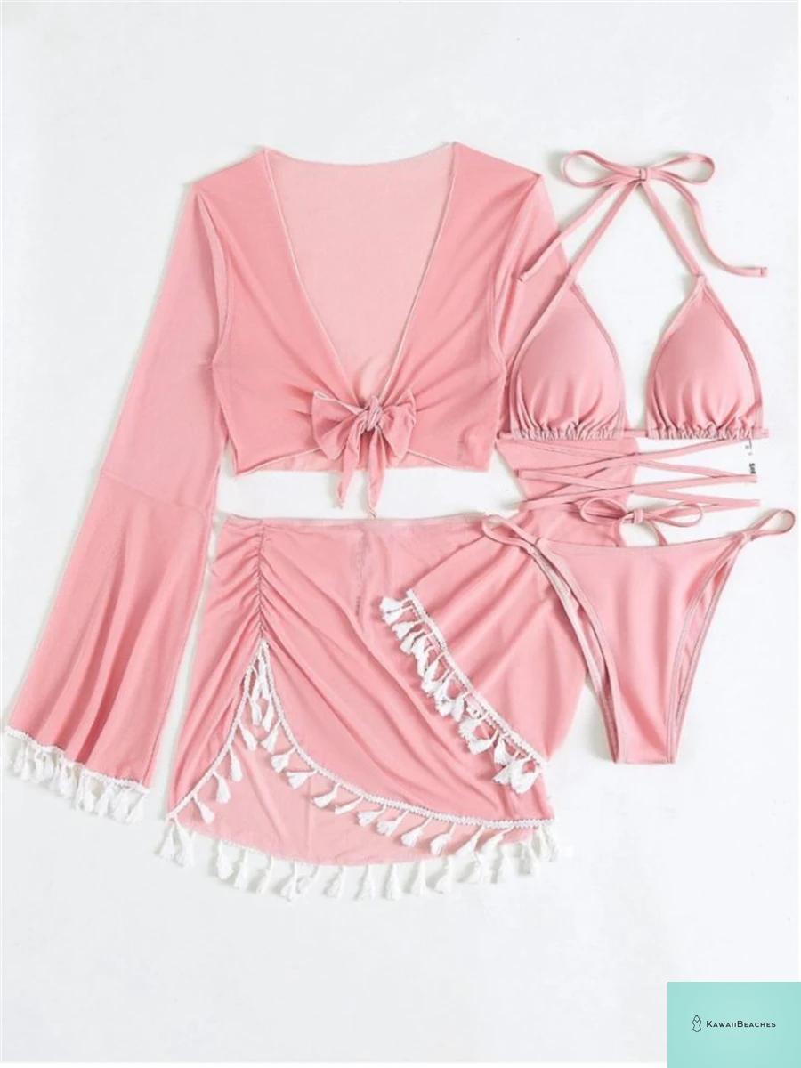 Womens Solid Halter Bikini Swimwear Set