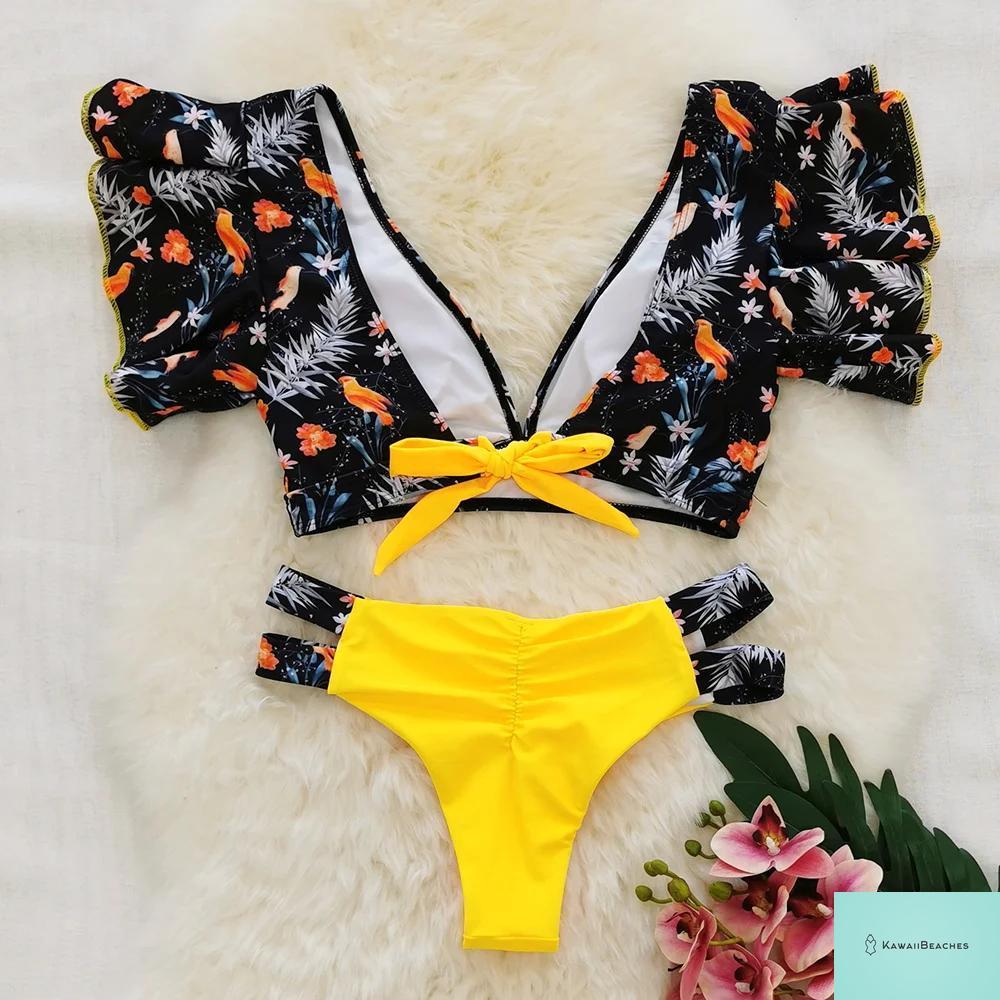 Tropical Ruffle Floral High Waist Swimsuit