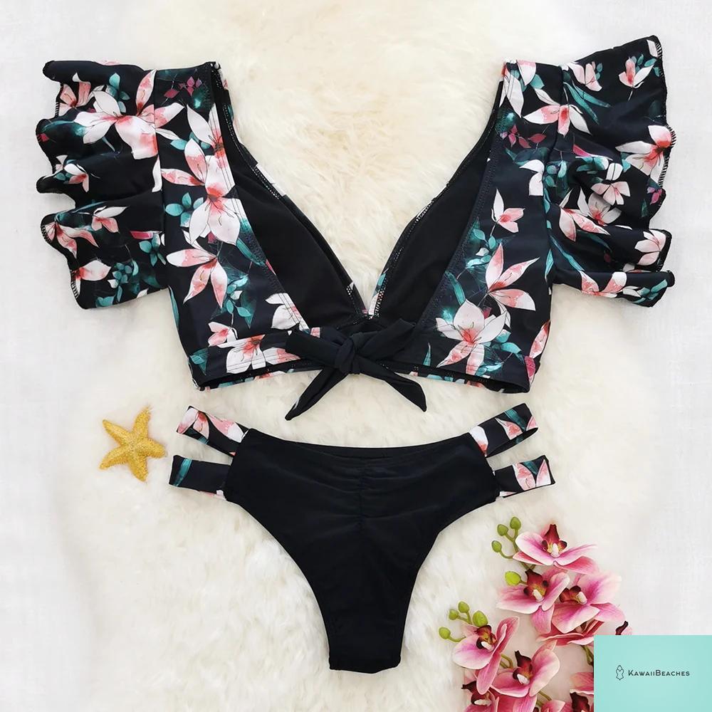 Tropical Ruffle Floral High Waist Swimsuit