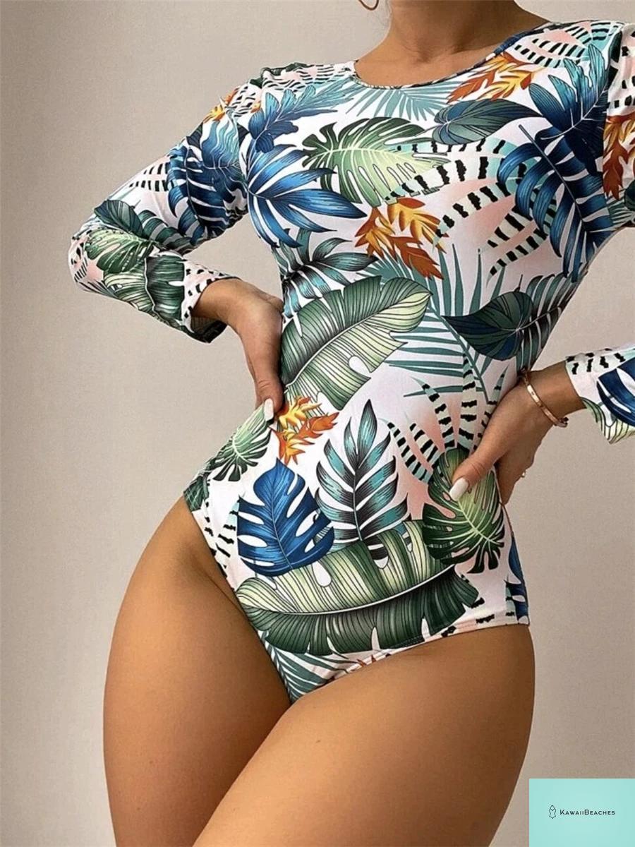 Tropical Leaf Long Sleeve Surf Swimsuit