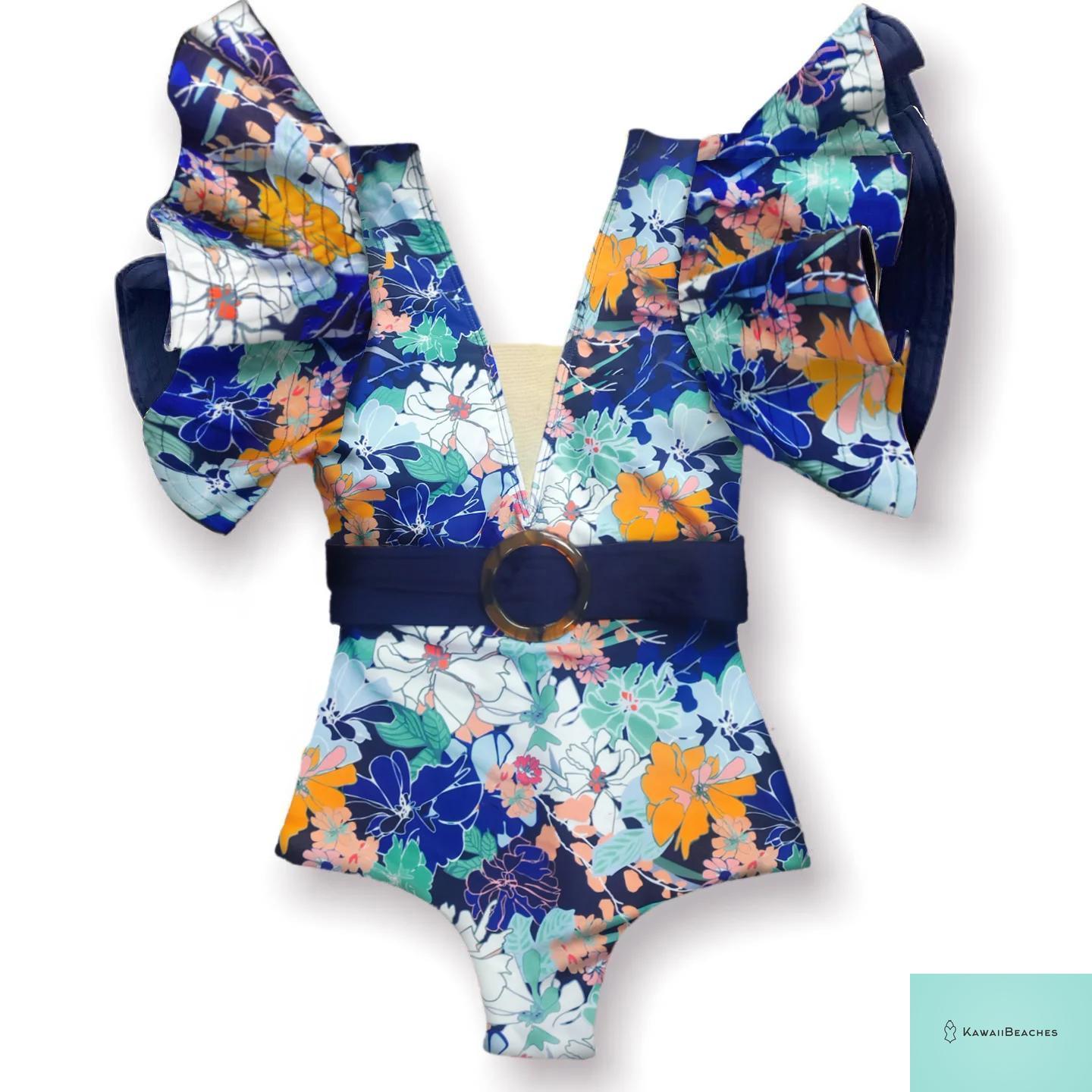 Kawaii V-Neck Lace Print One Piece Swimsuit